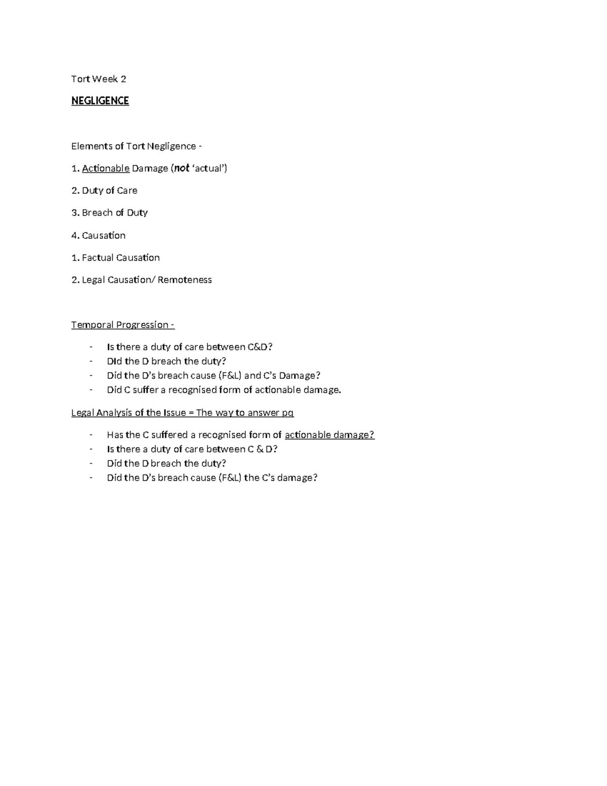 Tort Law - Week 2 - Lecture Notes on Negligence Elements and Cases ...
