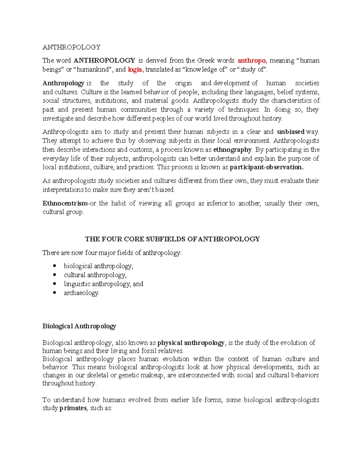 Anthropology Final Exam Study Notes - ANTH 101 - Studocu