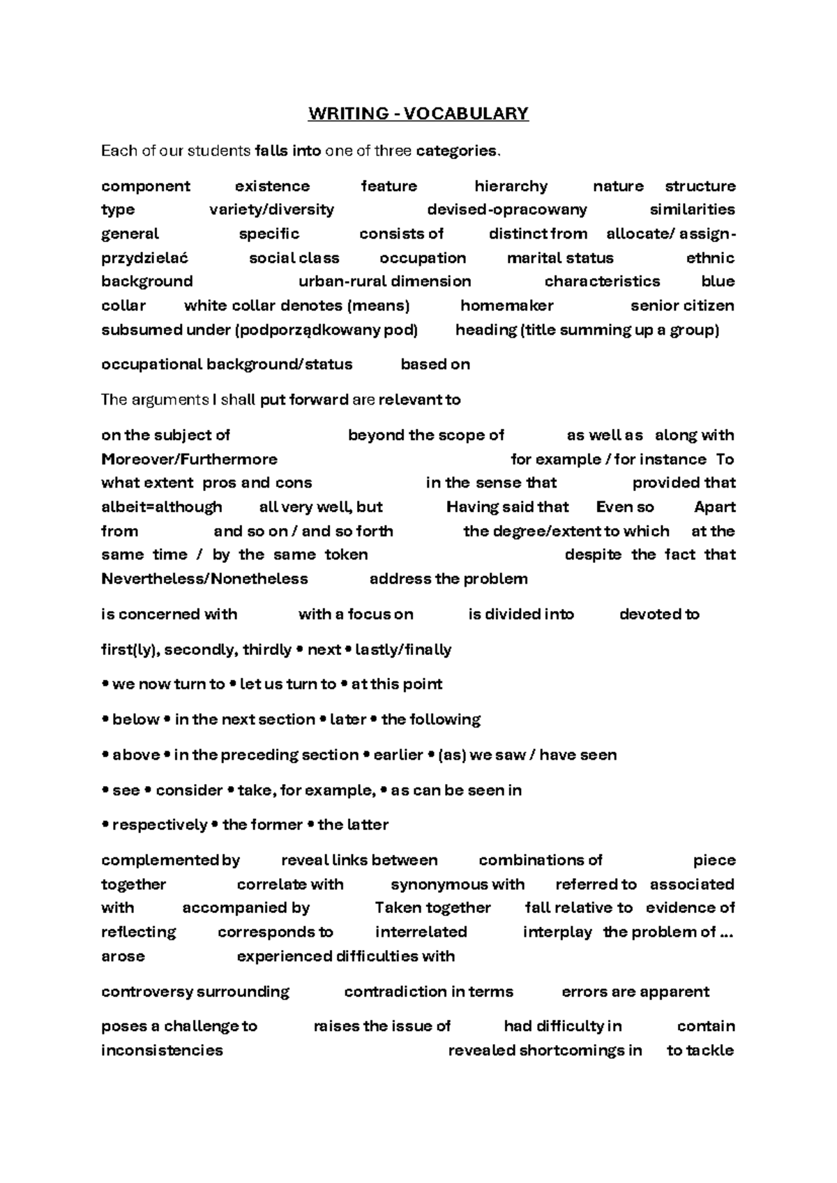 Writing - Vocabulary 1R2S - WRITING - VOCABULARY Each of our students ...