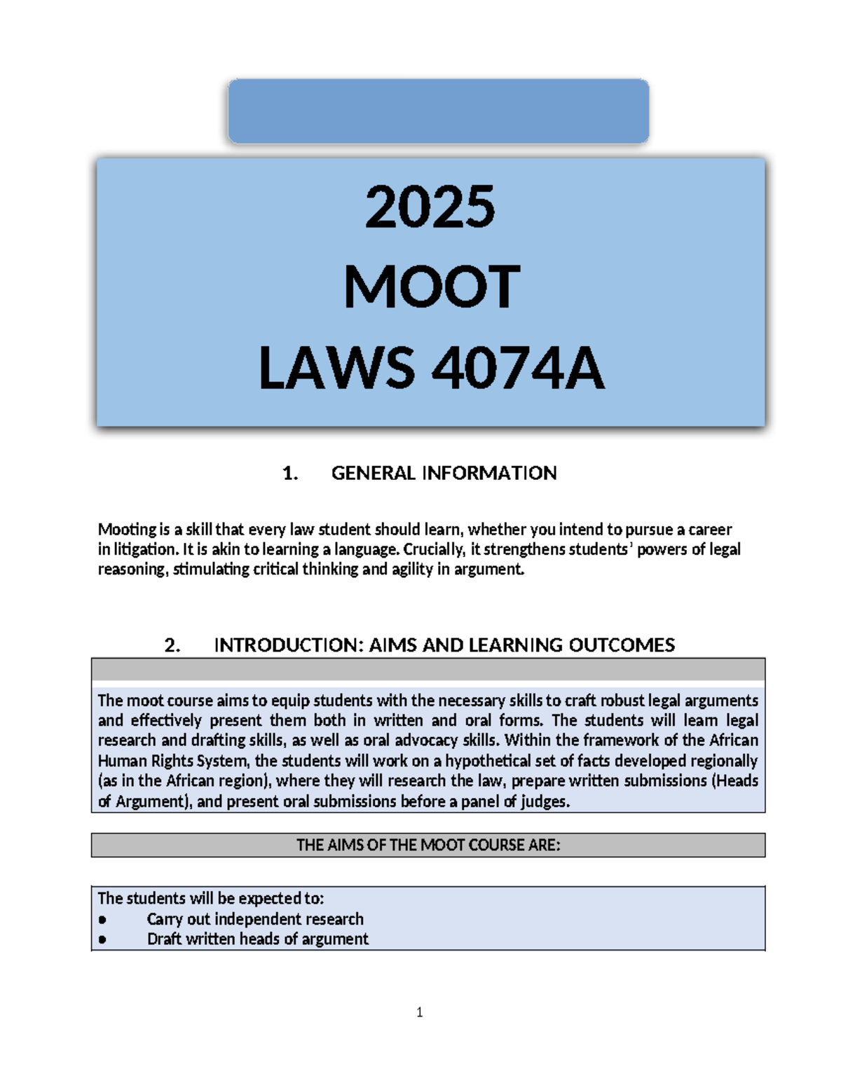 LAWS 4074A 2025 Final Moot Course Outline and Learning Objectives - Studocu
