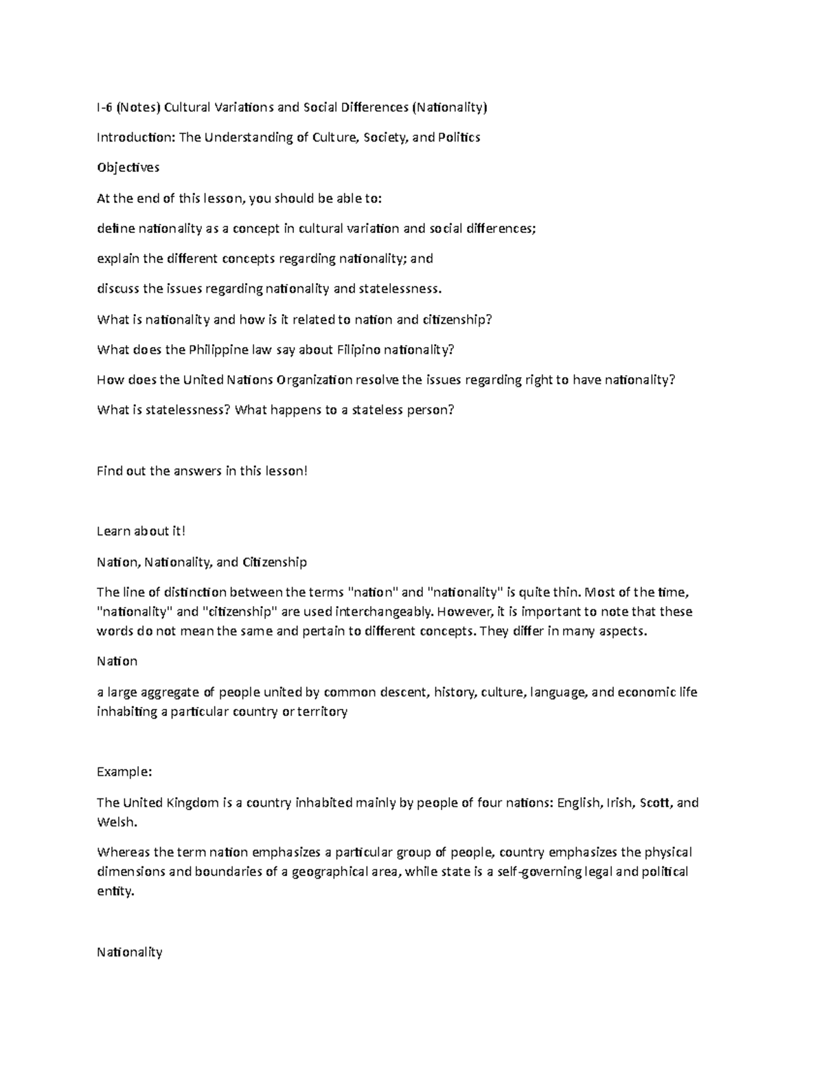 UCSP Notes l-6 - I-6 (Notes) Cultural Variations and Social Differences ...