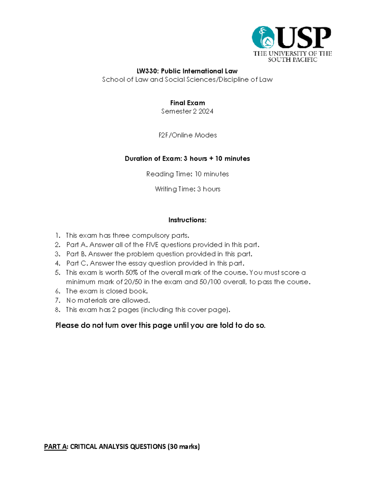 LW330: Public International Law Final Exam S2 2024 Guidelines - Studocu