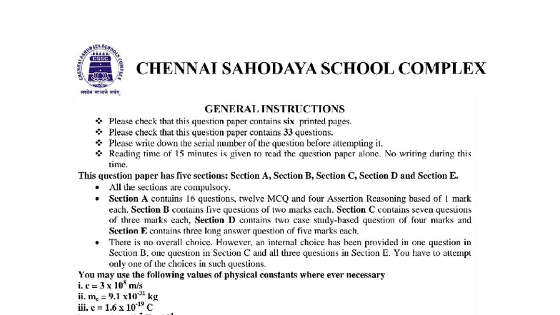 ISAHODAYA CSSC SCHOOLS COMPLEX CHENNAI CLASS 12 PHYSICS FINAL EXAM ...