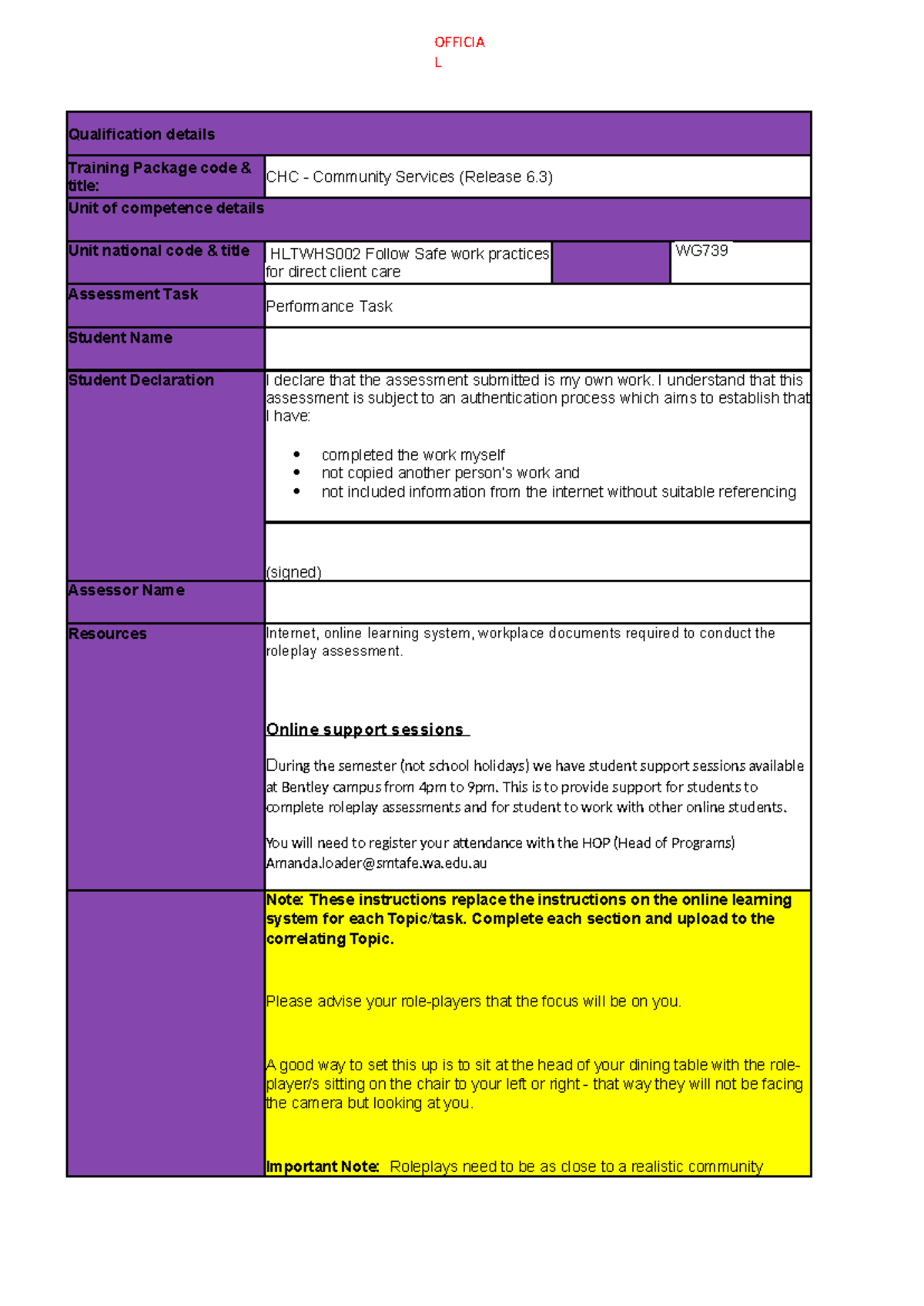 HLTWHS002 Online Performance Task: Safe Work Practices for Client Care ...