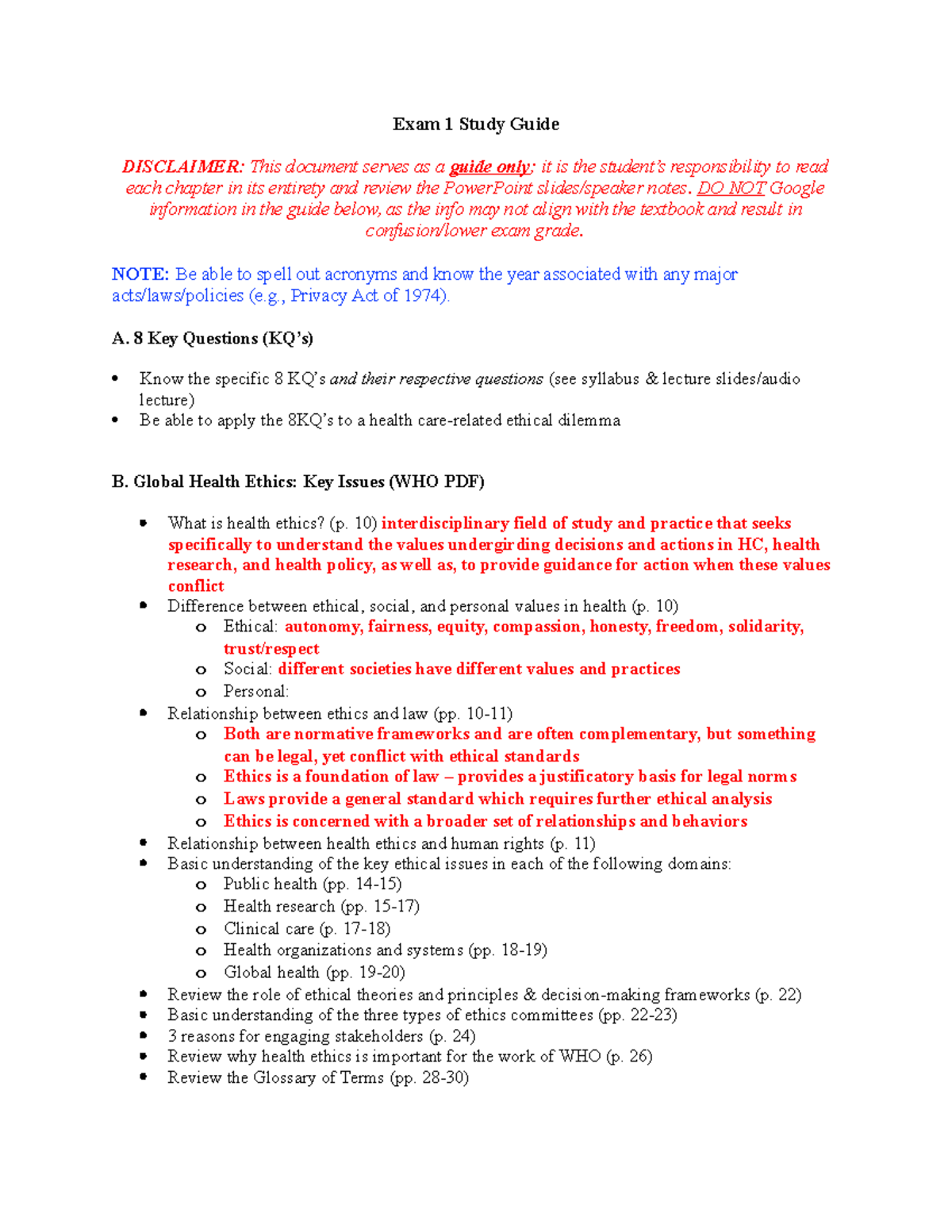 Exam 1 Study Guide for Healthcare Ethics with Dr. Burnett - Studocu
