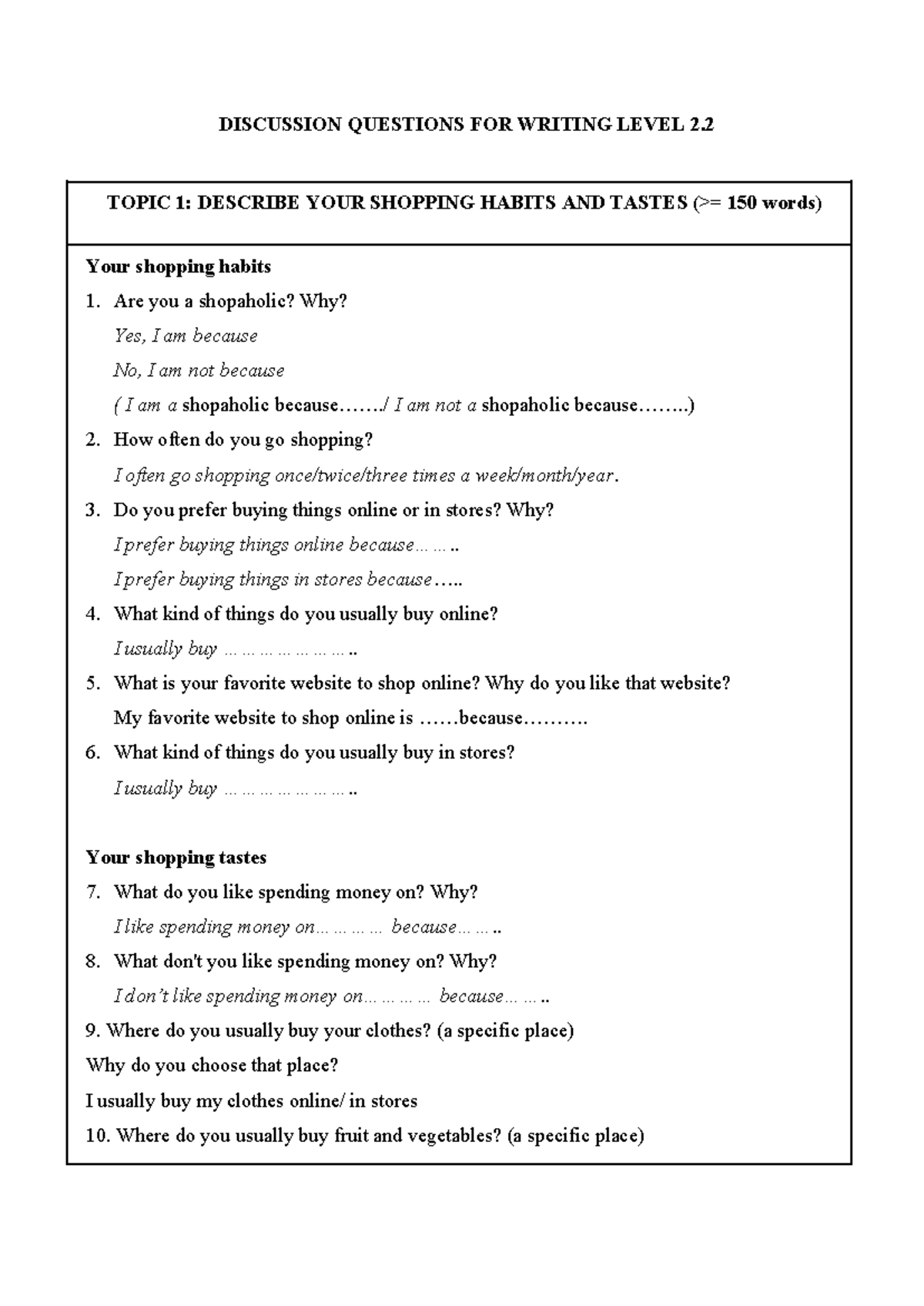 FILE DÀN Ý MẪU CỦA CÔ - DISCUSSION QUESTIONS FOR WRITING LEVEL 2. TOPIC ...