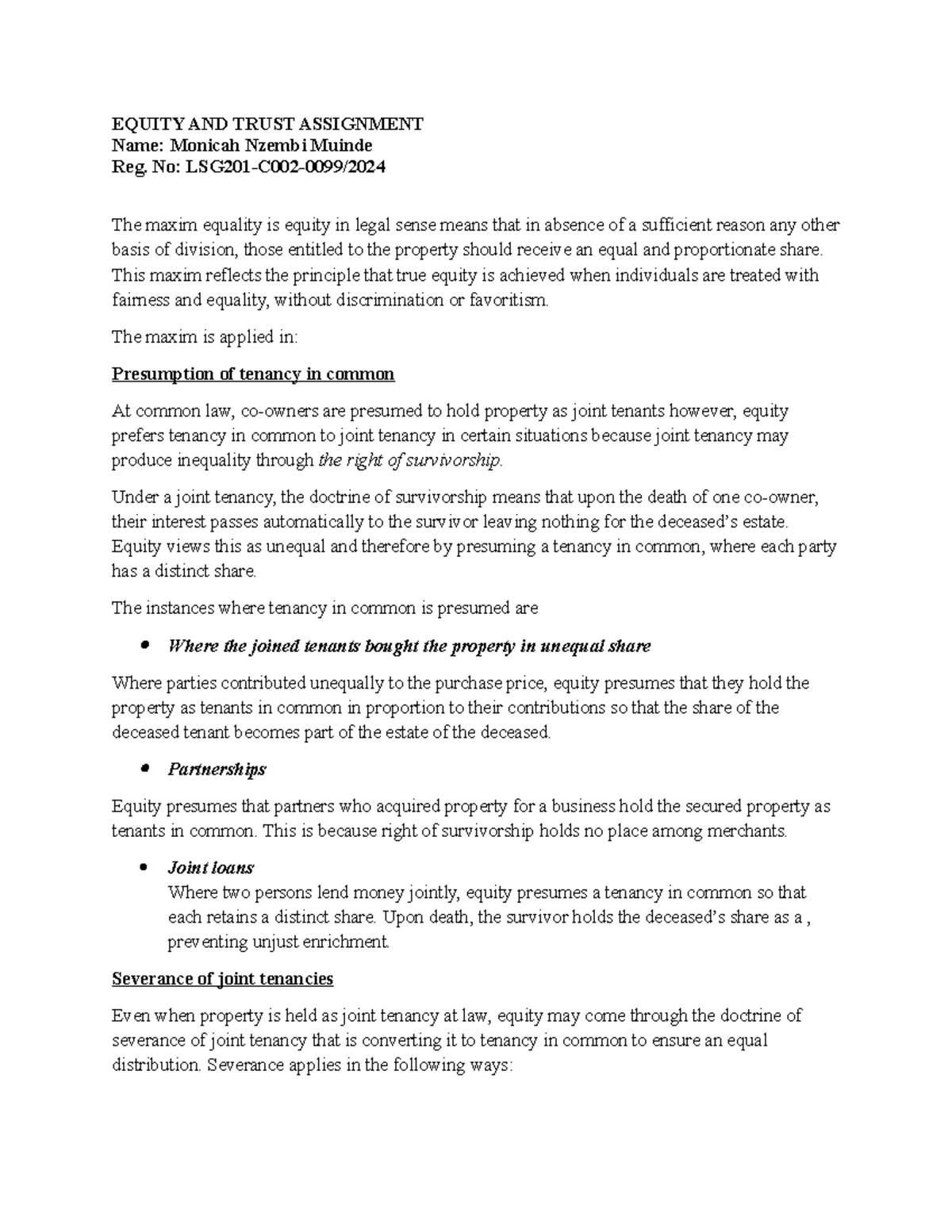 EQUITY AND TRUST ASSIGNMENT: Understanding Tenancy in Common - Studocu