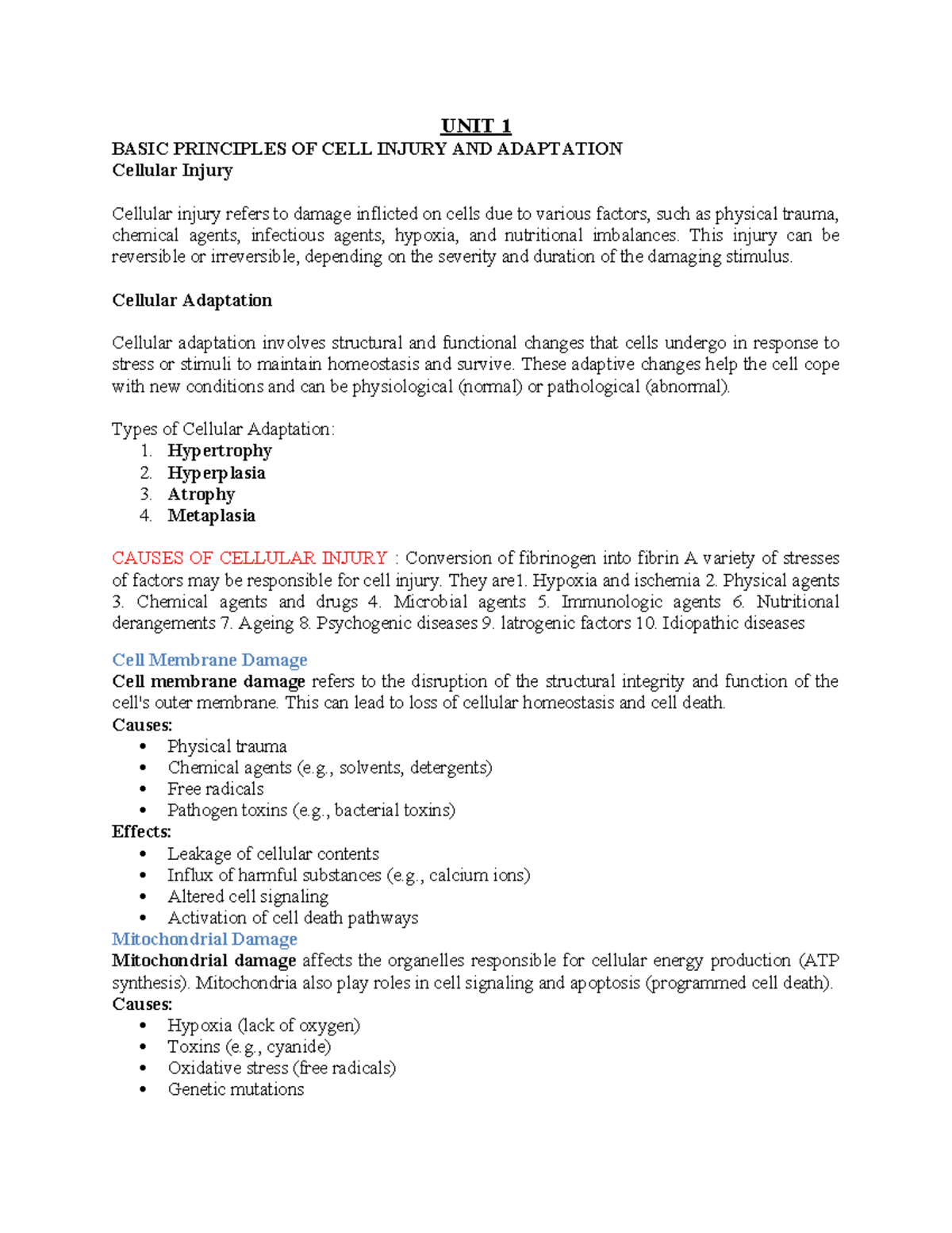 Patho Notes: Unit 1 - Basic Principles of Cell Injury & Adaptation ...