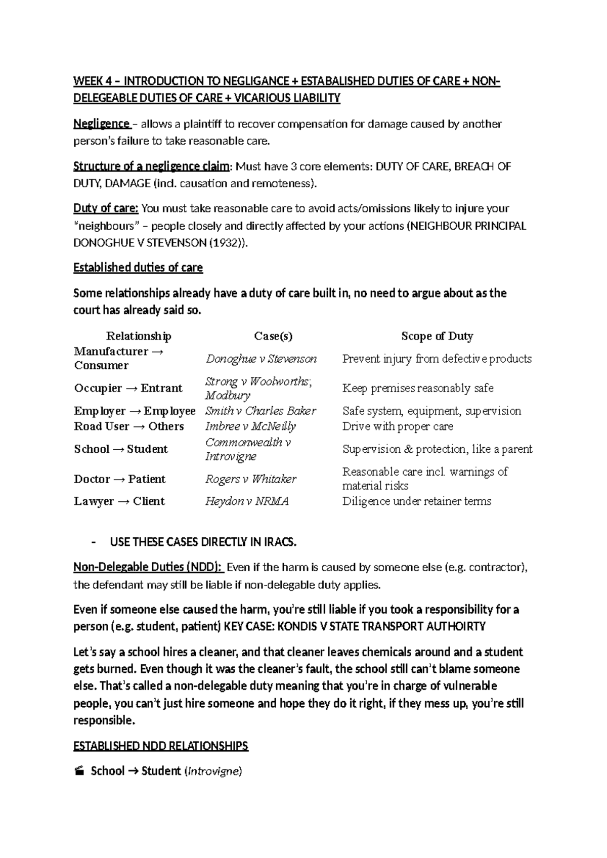 Torts Revision Notes: Week 4-7 on Negligence & Duty of Care - Studocu