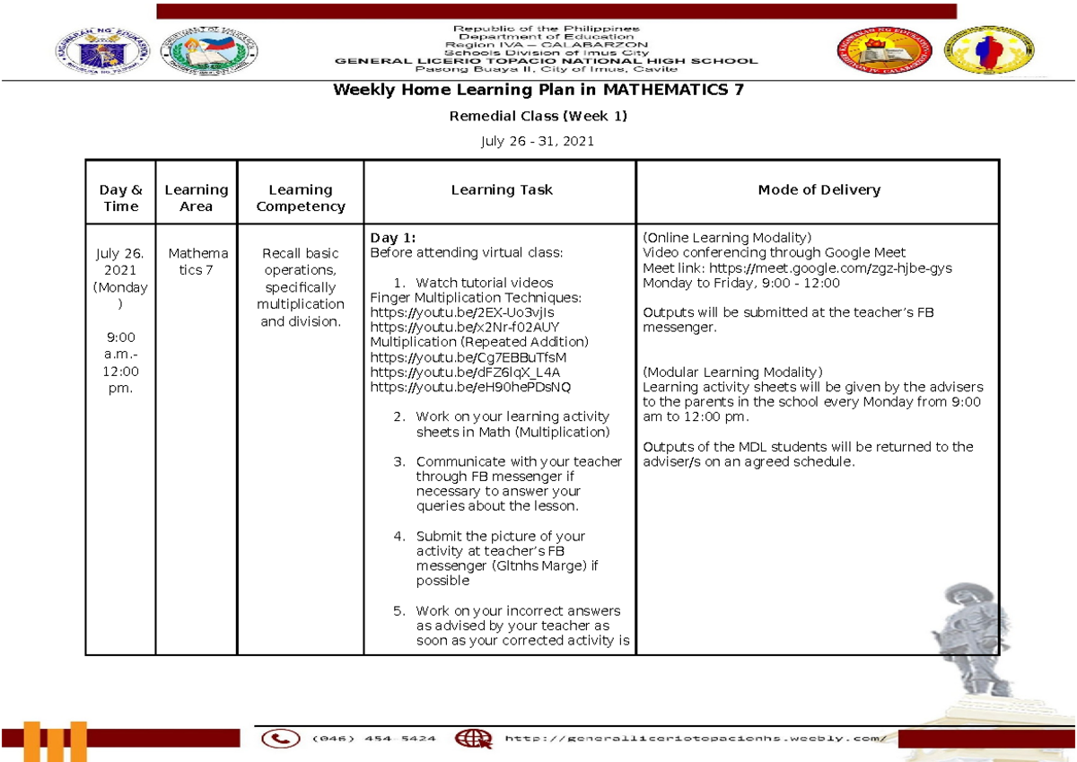 Weekly Home Learning Plan for MATHEMATICS 7 Remedial Class (Week 1 ...