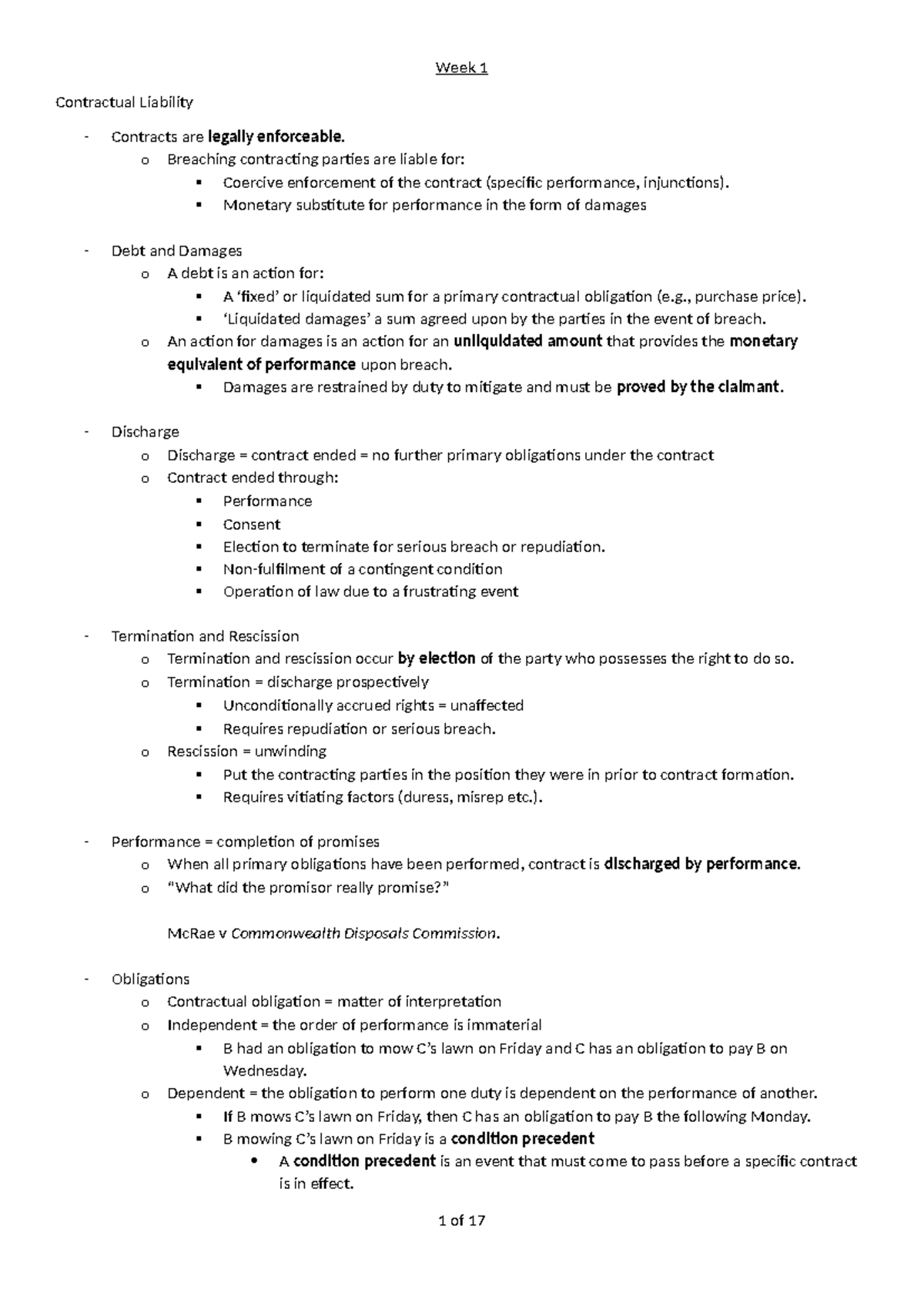 Contract Law Exam Notes (LAW101) - Weeks 1 to 9 Summary - Studocu