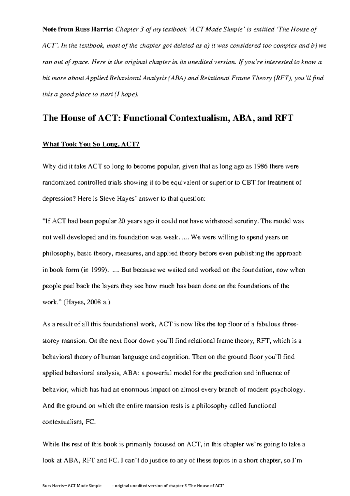 ACT 101: Understanding the House of ACT - Chapter 3 Summary - Studocu