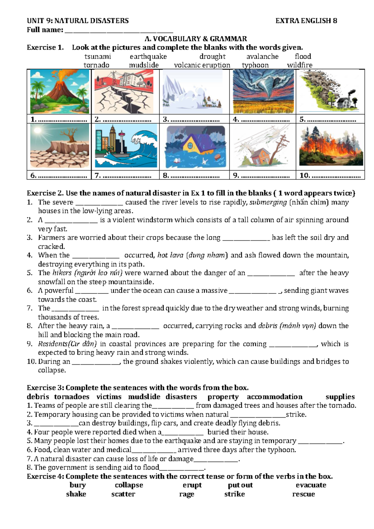 Eng 8 Extra: Unit 9 - Natural Disasters Vocabulary & Exercises - Studocu