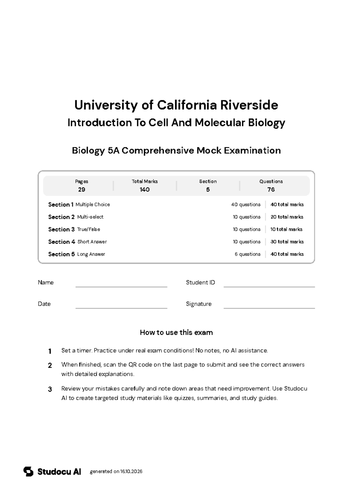 Biology 5A Comprehensive Mock Exam - Studocu