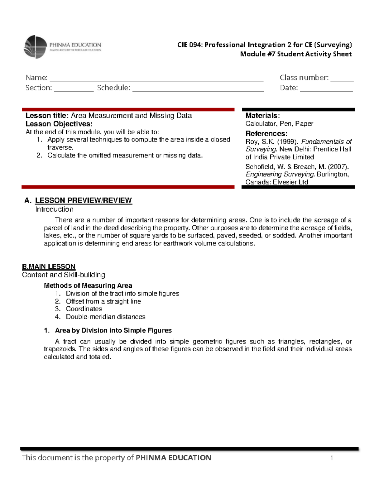 CIE 094: Area Measurement & Missing Data Lesson for CE (Surveying ...