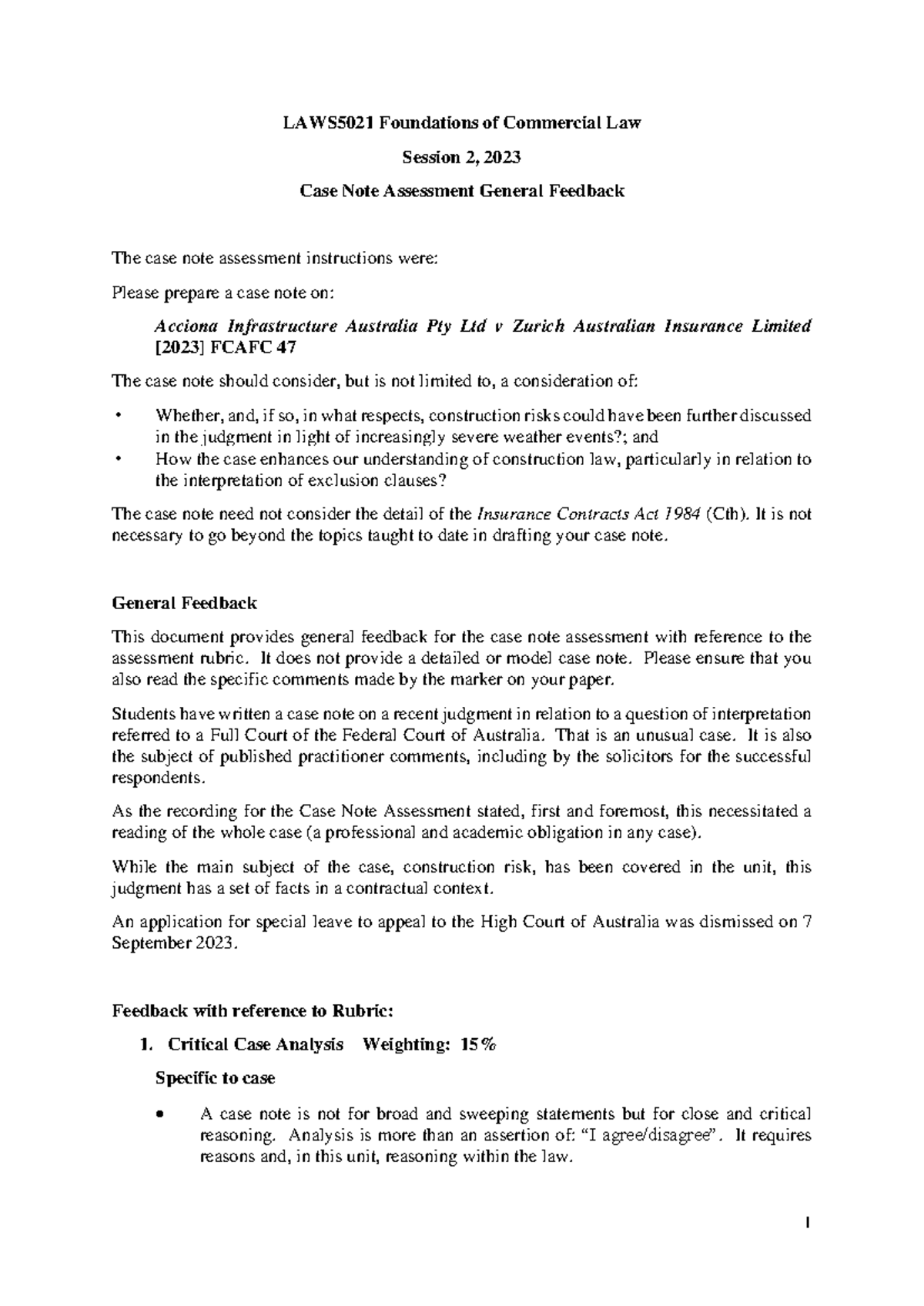 Case Note Assessment General Feedback - It is not necessary to go ...