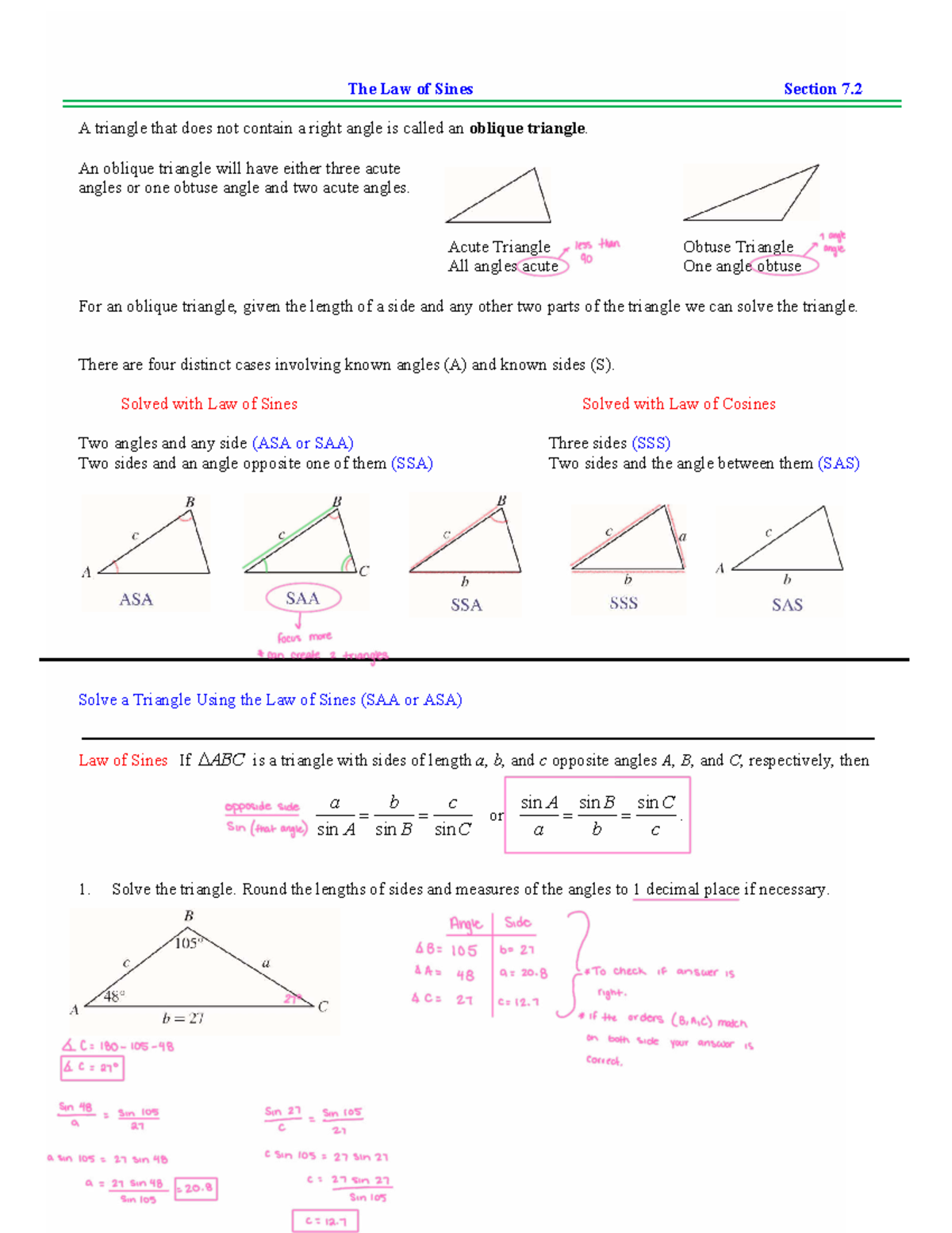 Section 7.2: Law of Sines and Oblique Triangles Notes - Studocu