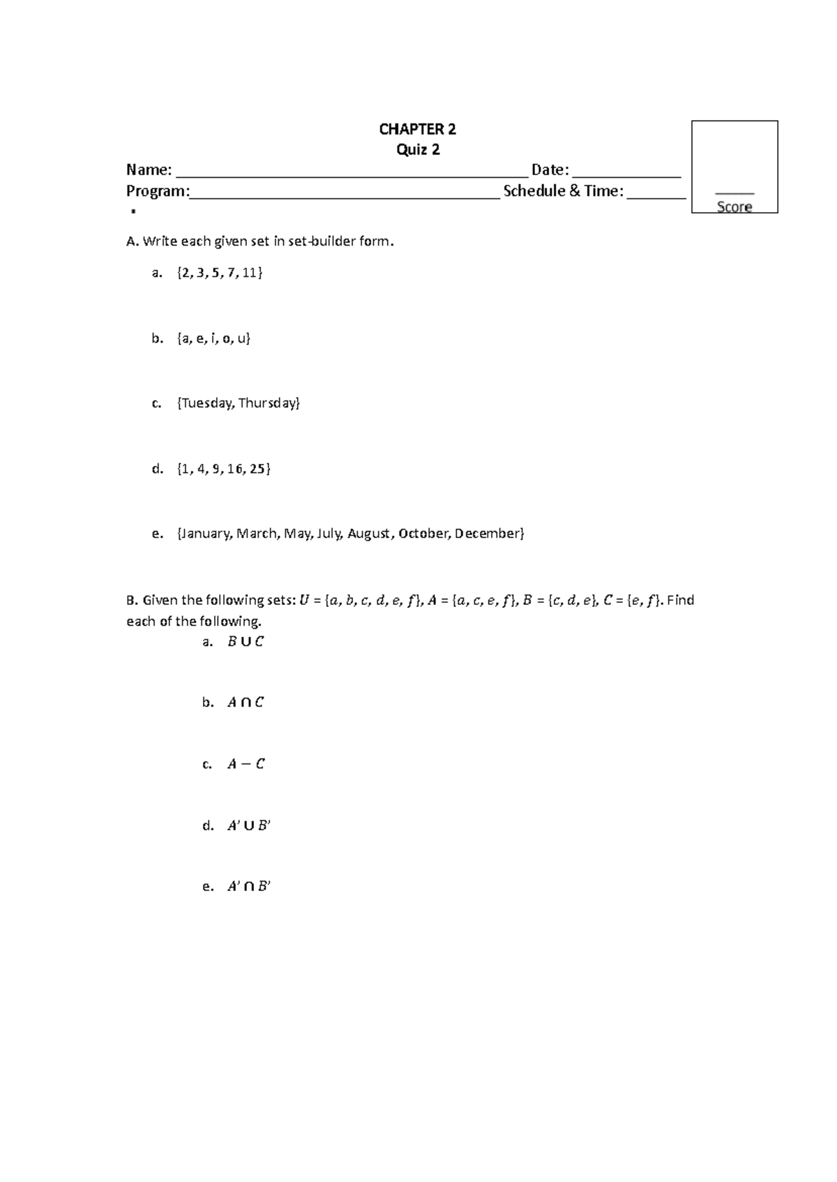 Chapter 2 quiz SETS - vluxkyxgkxgkc - CHAPTER 2 Quiz 2 Name: - Studocu