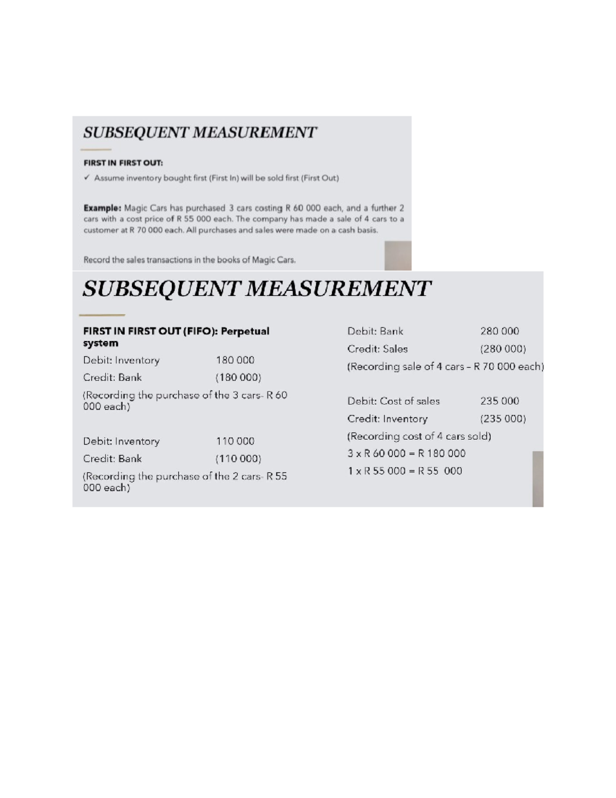 Inventory - SUBSEQUENT MEASUREMENT FIRST IN FIRST OUT: Assume inventory ...