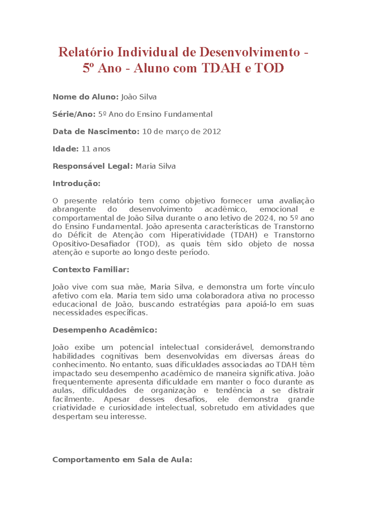 Relatório de Desenvolvimento Individual - 5º Ano: Aluno com TDAH e TOD ...