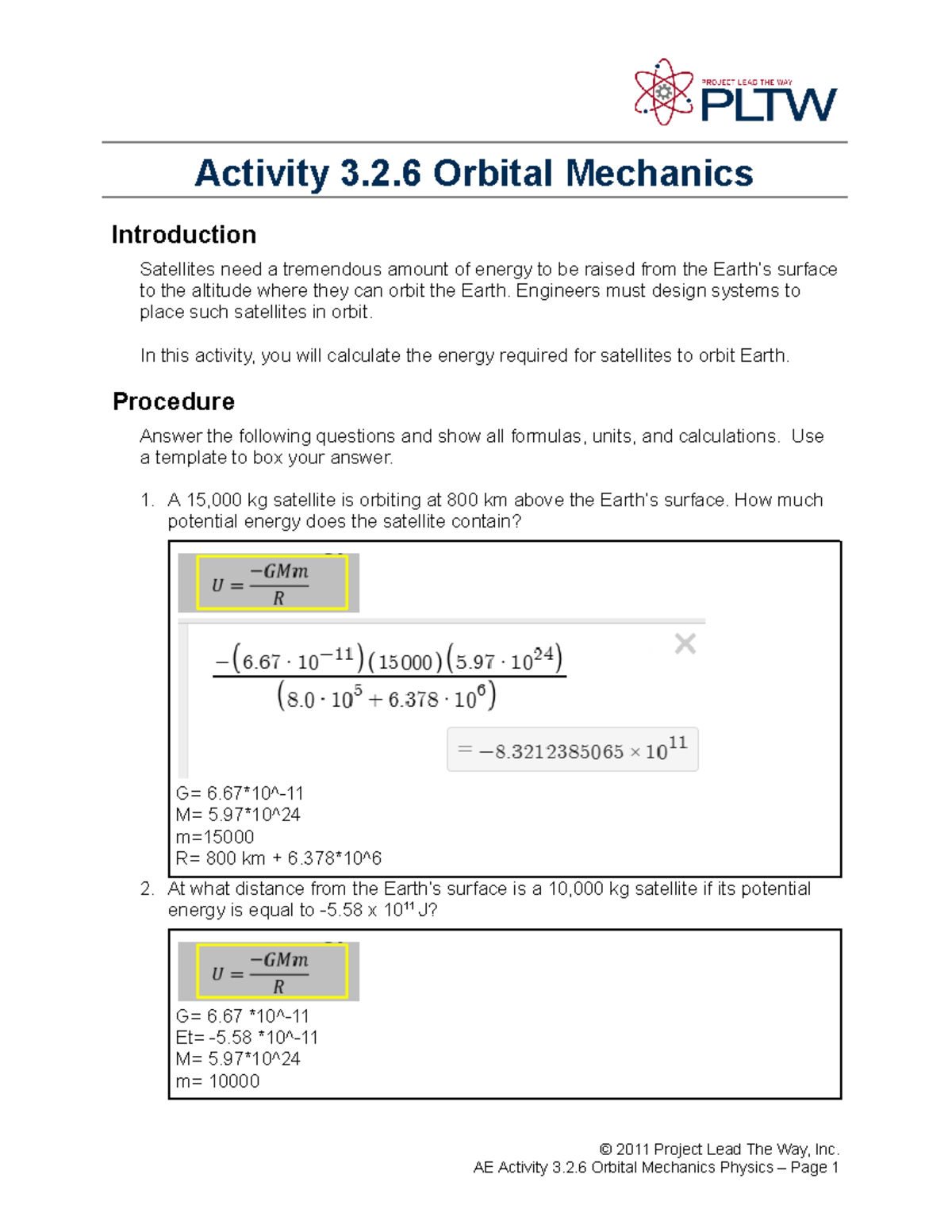 Activity 3.2.6: Orbital Mechanics Analysis and Calculations - Studocu