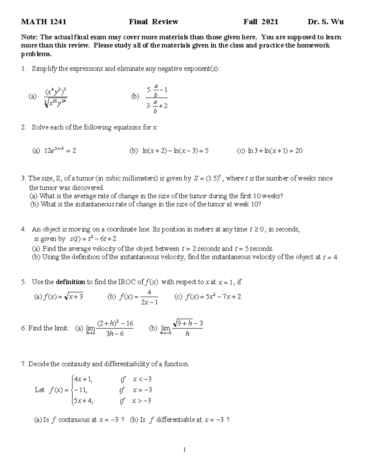 新数学演習　2016 MATH1241 Final Exam Review: Key Concepts and Practice Problems