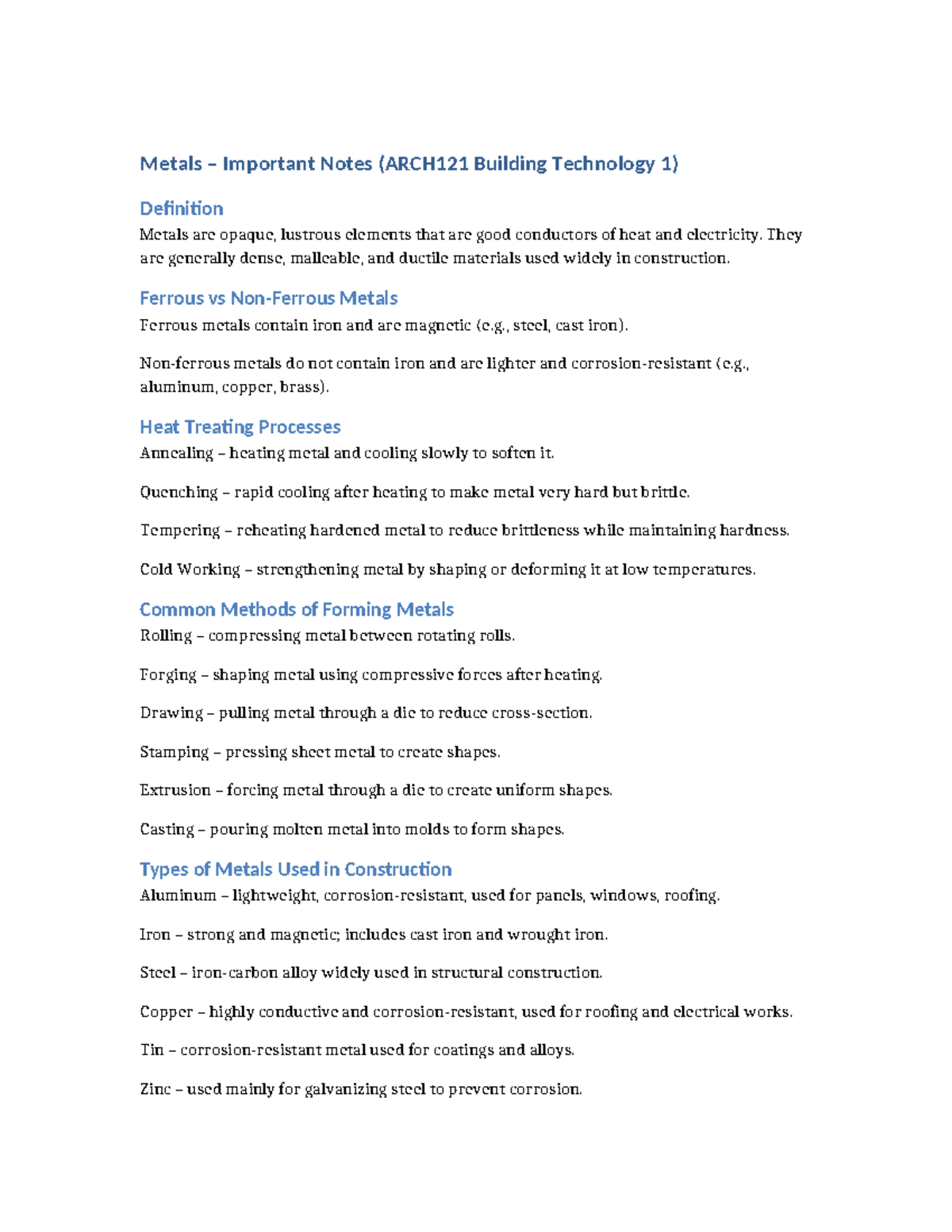 Metals Overview and Key Notes (ARCH121 Building Tech 1) - Studocu