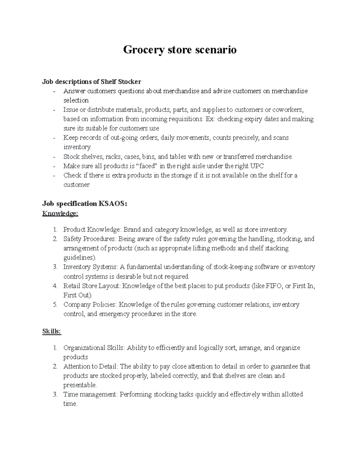 2BC3 In-Class Assignment: Job Descriptions for Shelf Stocker - Studocu
