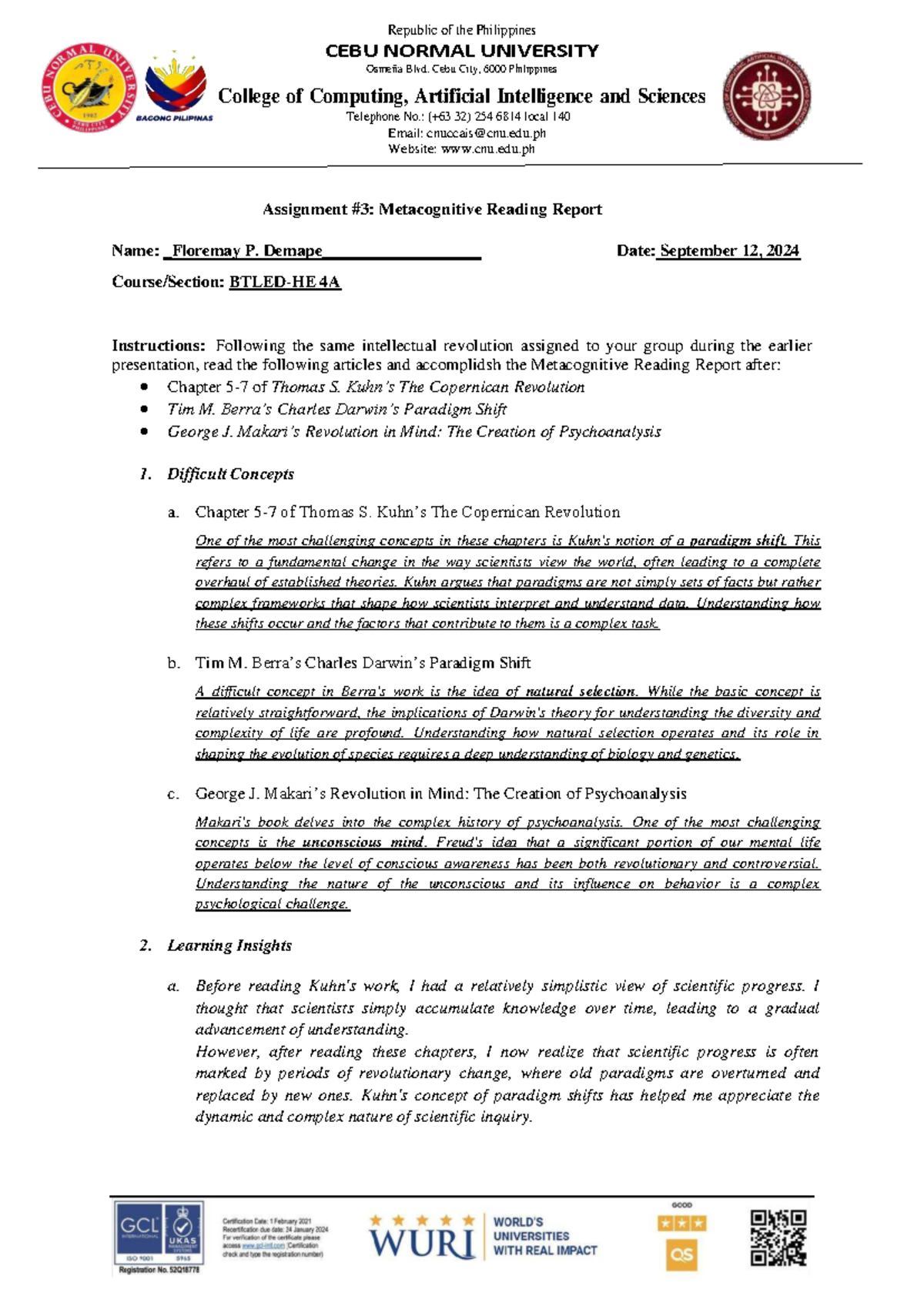 INTELLECTUAL REVOLUTION ASSIGNMENT: Metacognitive Reading Report - Studocu