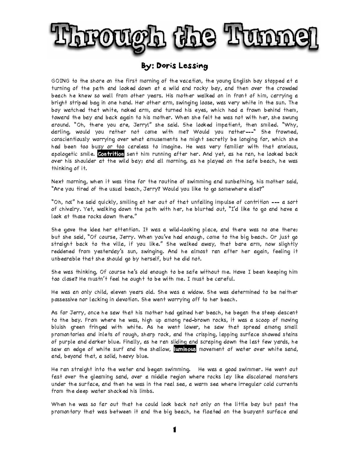 Doris Lessing's "Through the Tunnel" - Analysis and Themes - Studocu