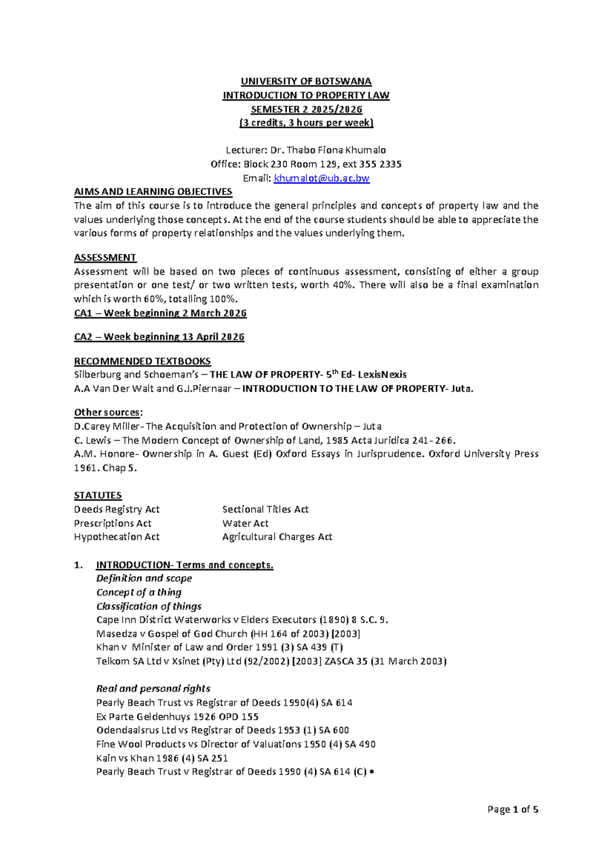 LAW 201: Introduction to Property Law Course Outline 2026 - Studocu