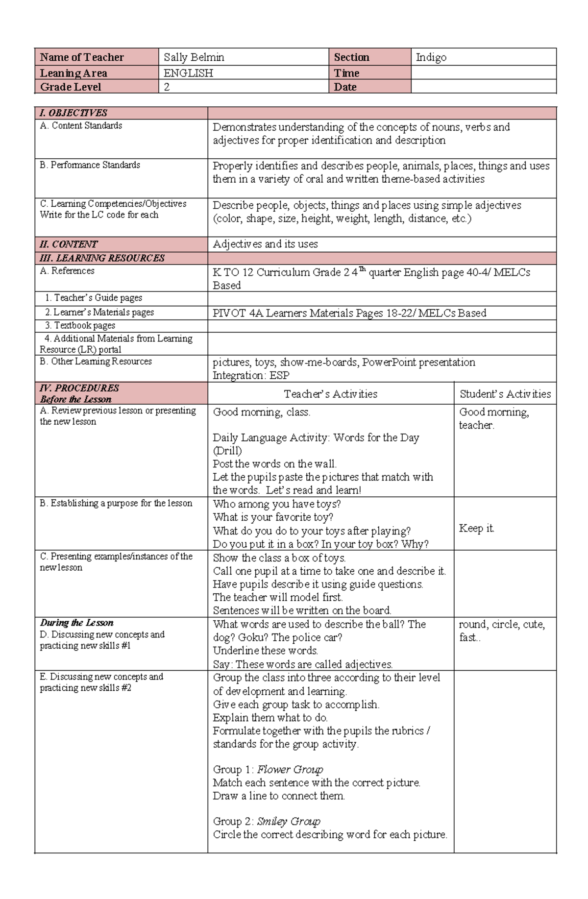 DLP2 - Adjectives Tutorial for Grade 2 English Class - Studocu