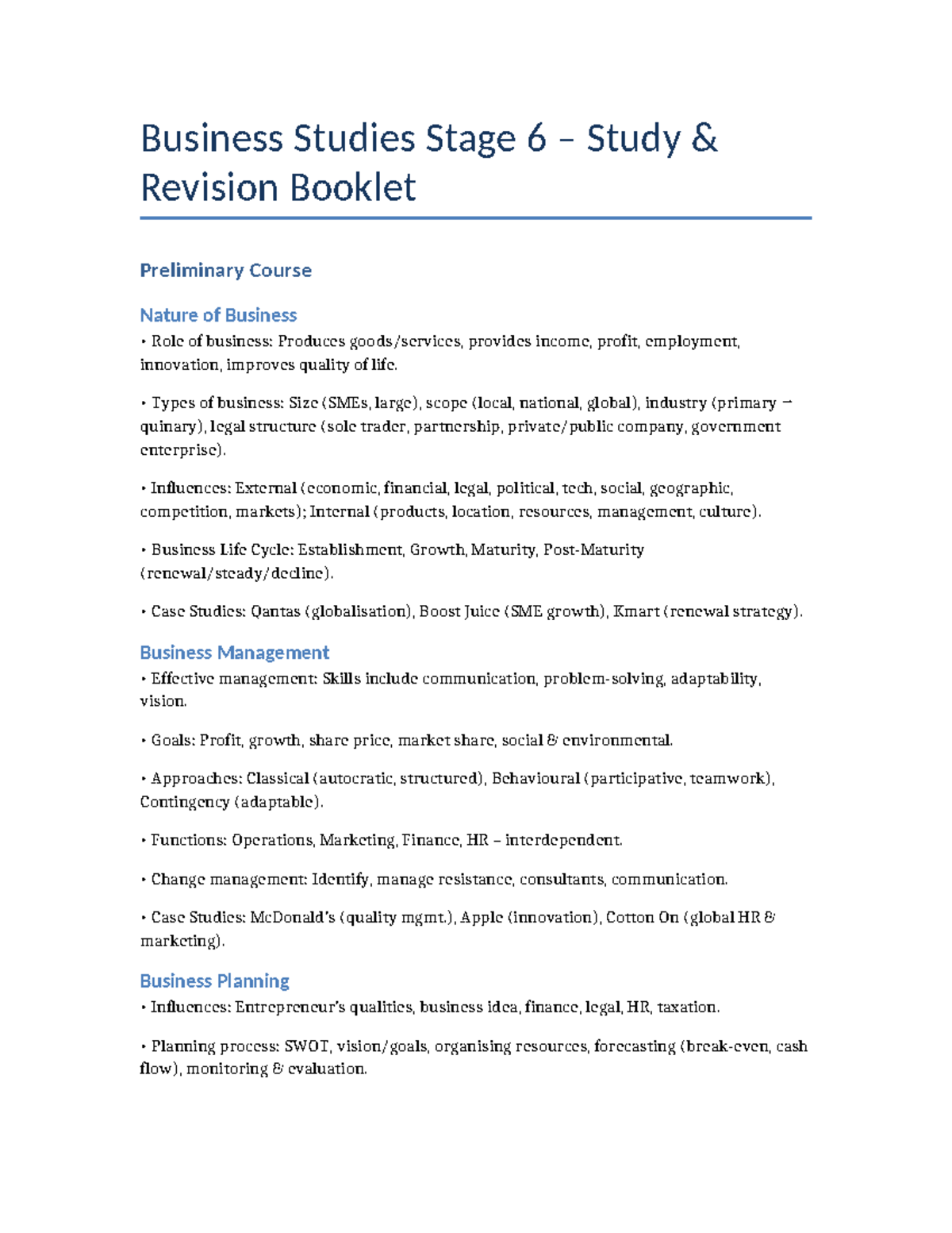 Business Studies Stage 6 Revision Booklet: Preliminary Course Overview ...