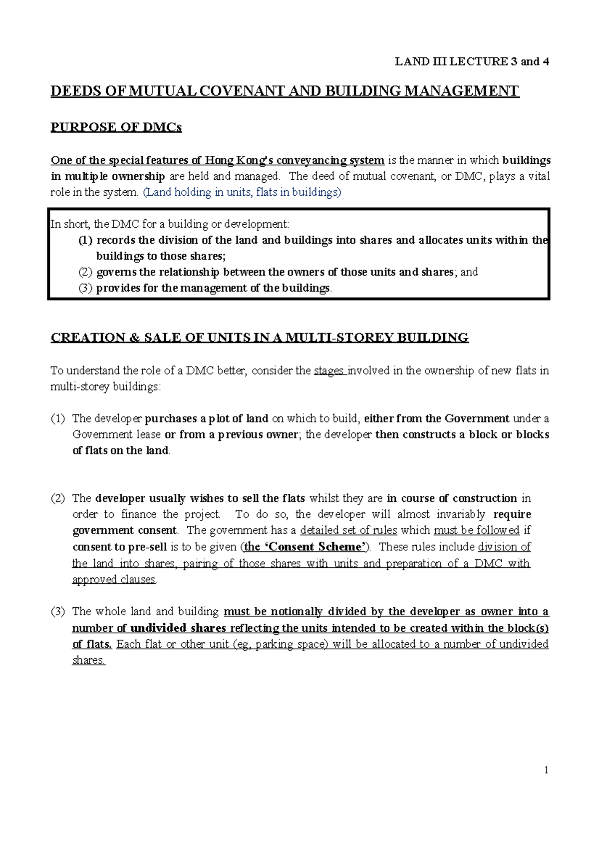 LAND Lecture 3: Deeds of Mutual Covenant & Building Management - Studocu