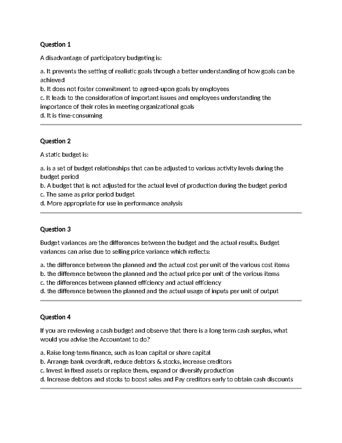 FMA - MCQ 5 - Multiple Choice Questions on Budgeting Concepts - Studocu