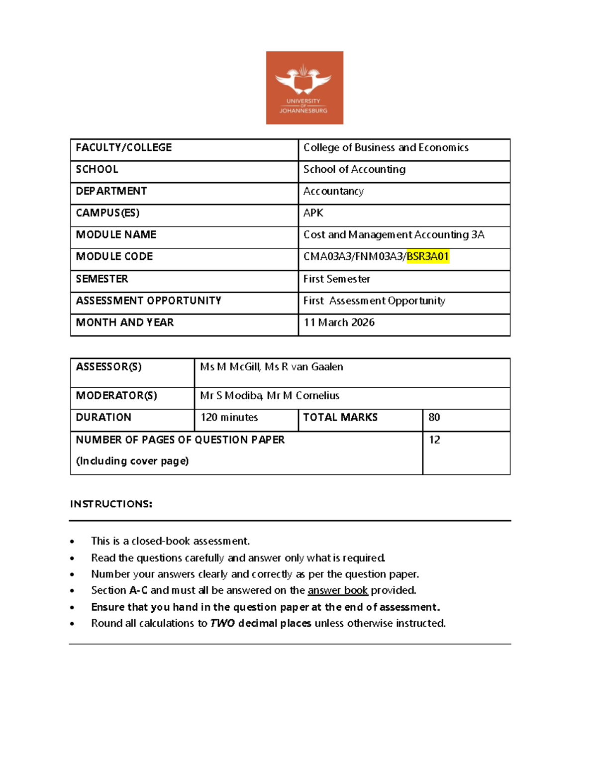 CMA3A AO1 2026 Cost and Management Accounting Assessment Paper - Studocu