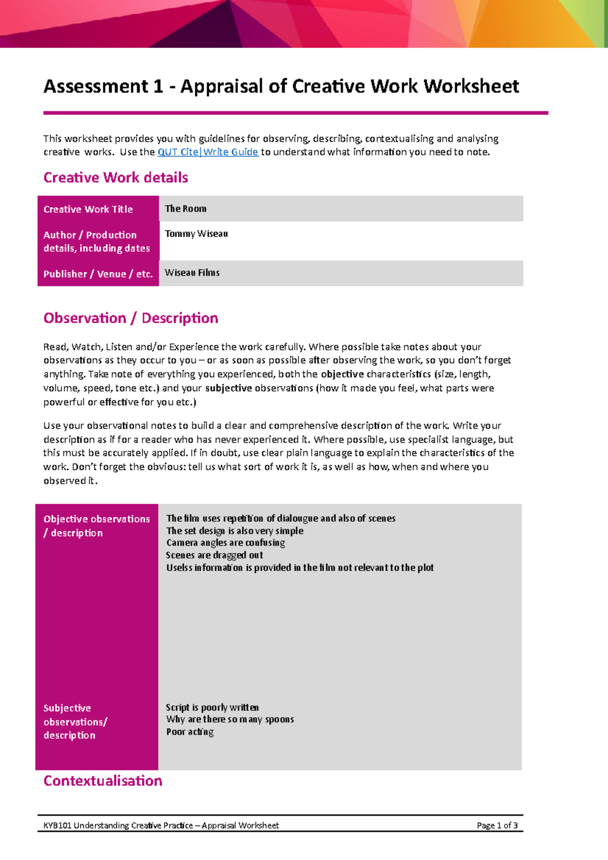 KYB101 Assessment 1 - Appraisal of Creative Work Worksheet - Studocu