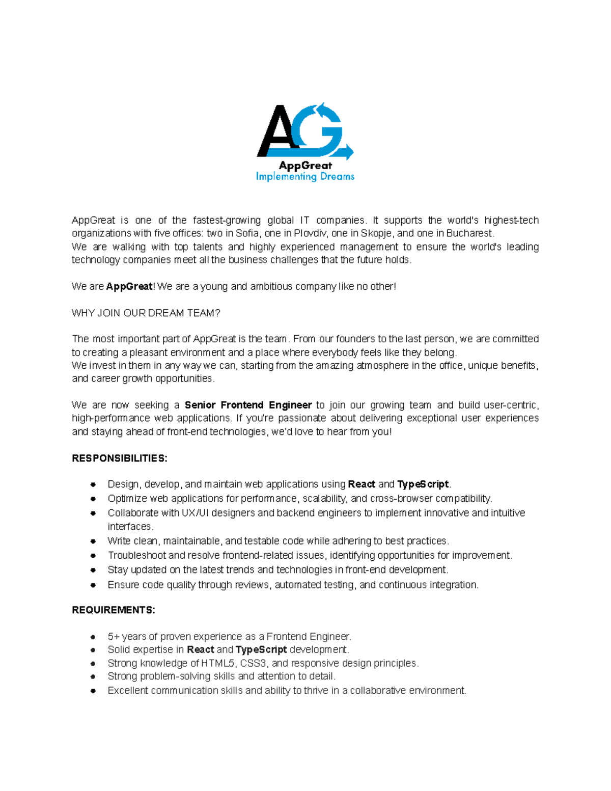 Senior Frontend Engineer - JD - AppGreat is one of the fastest-growing ...