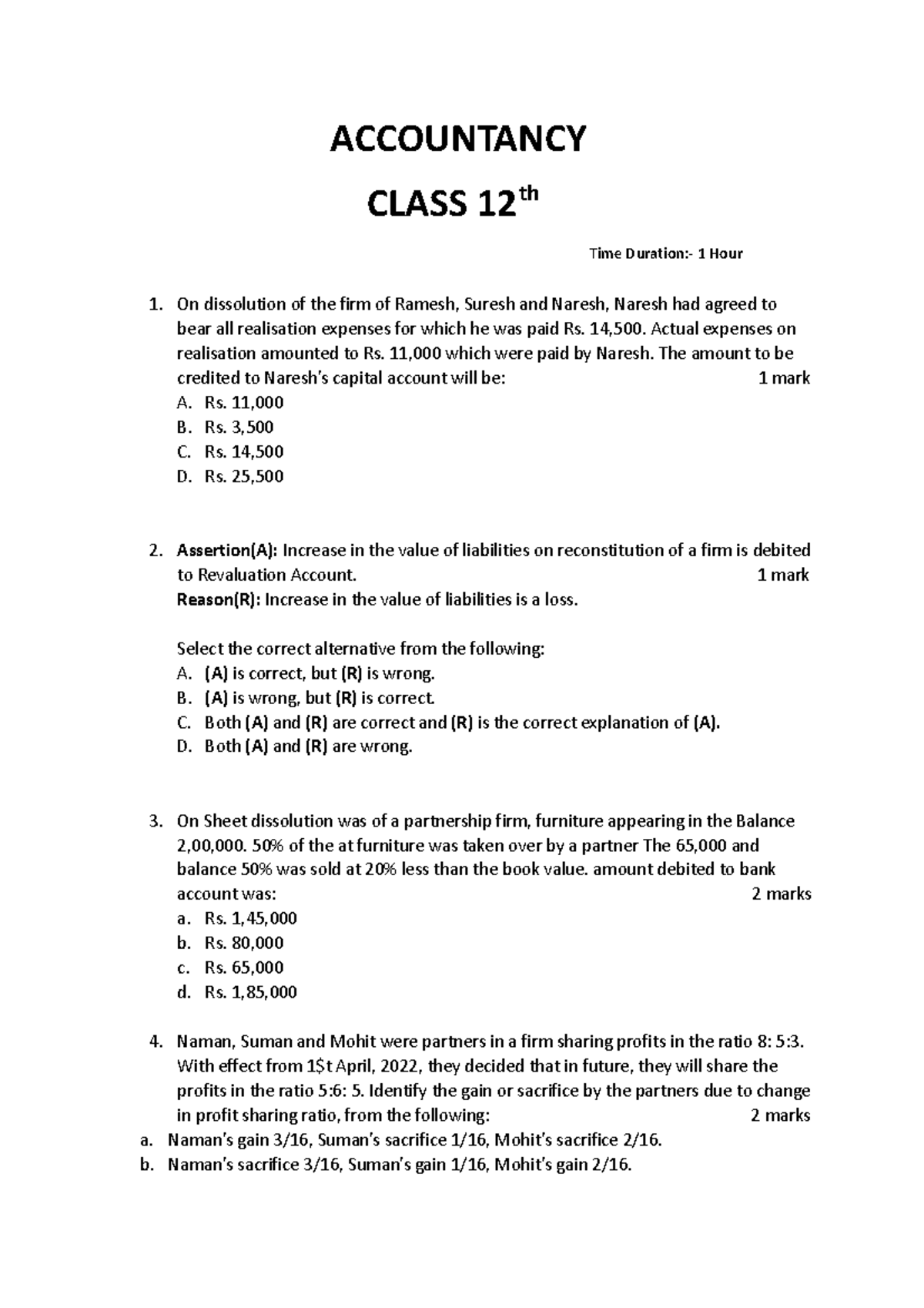 Accountancy Test 01 - Class 12 Exam Questions and Solutions - Studocu