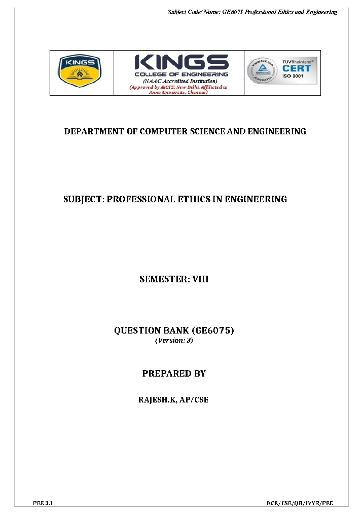 GE6075 Question Bank: Professional Ethics in Engineering (Version 3 ...