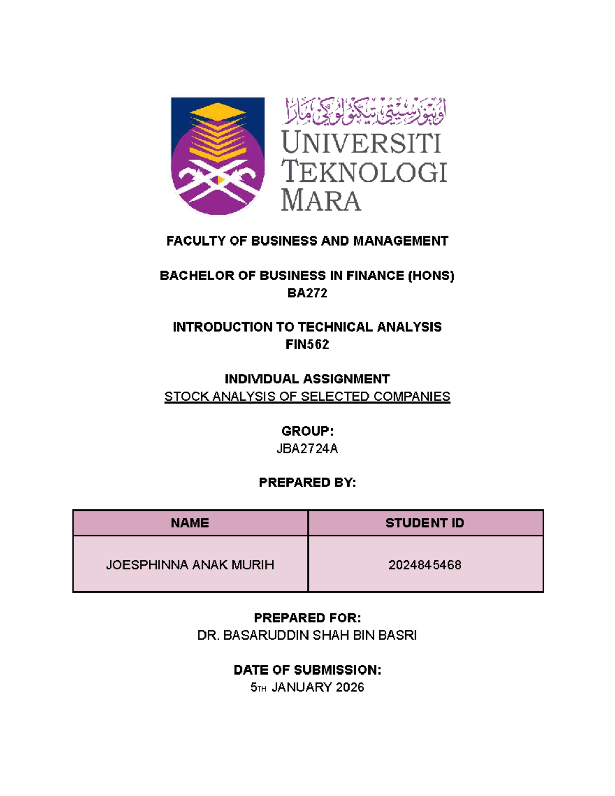 FIN562 Individual Assignment: Technical Analysis of Selected Stocks ...