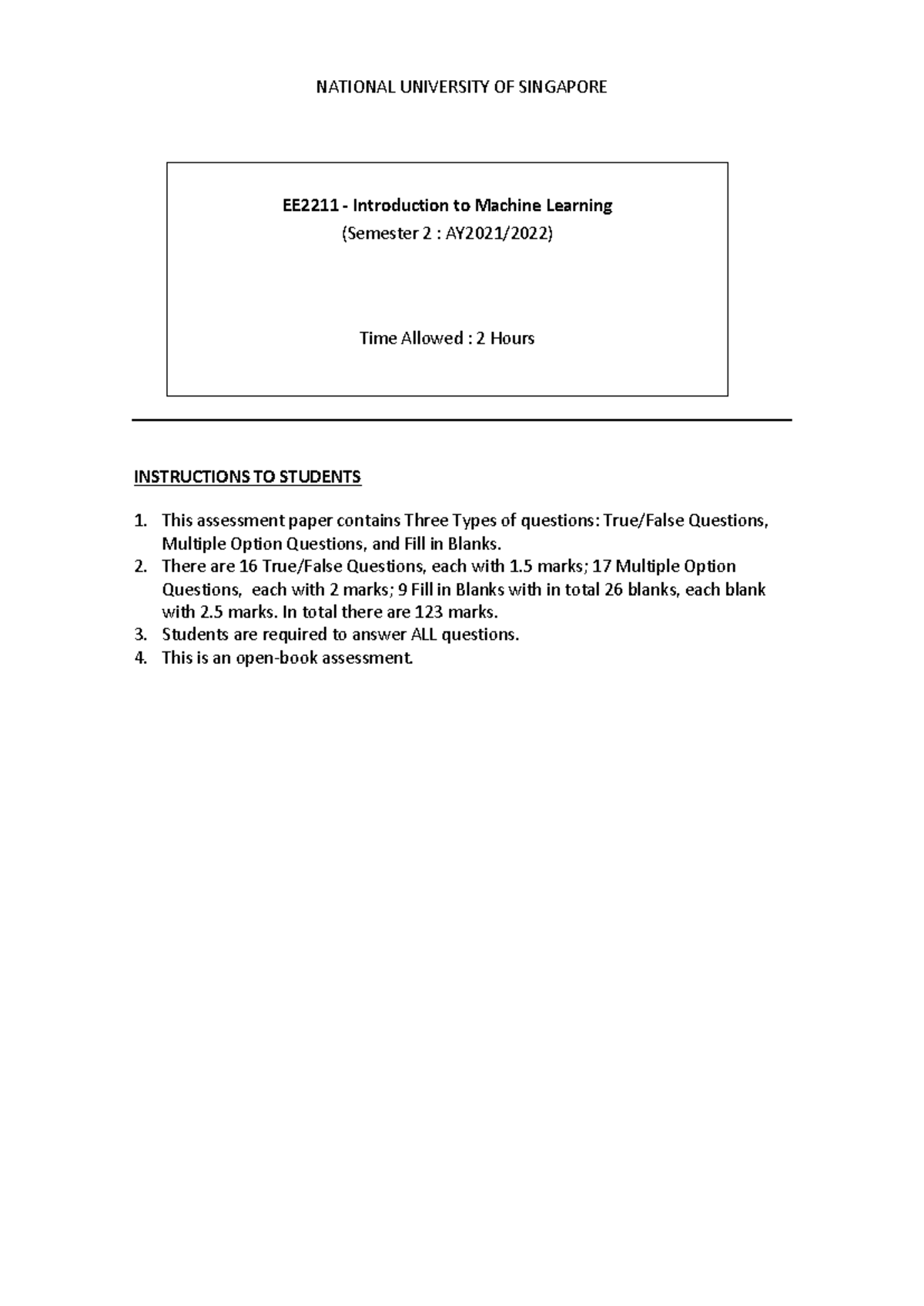 EE2211 Past Exam Paper: Introduction to Machine Learning - Studocu