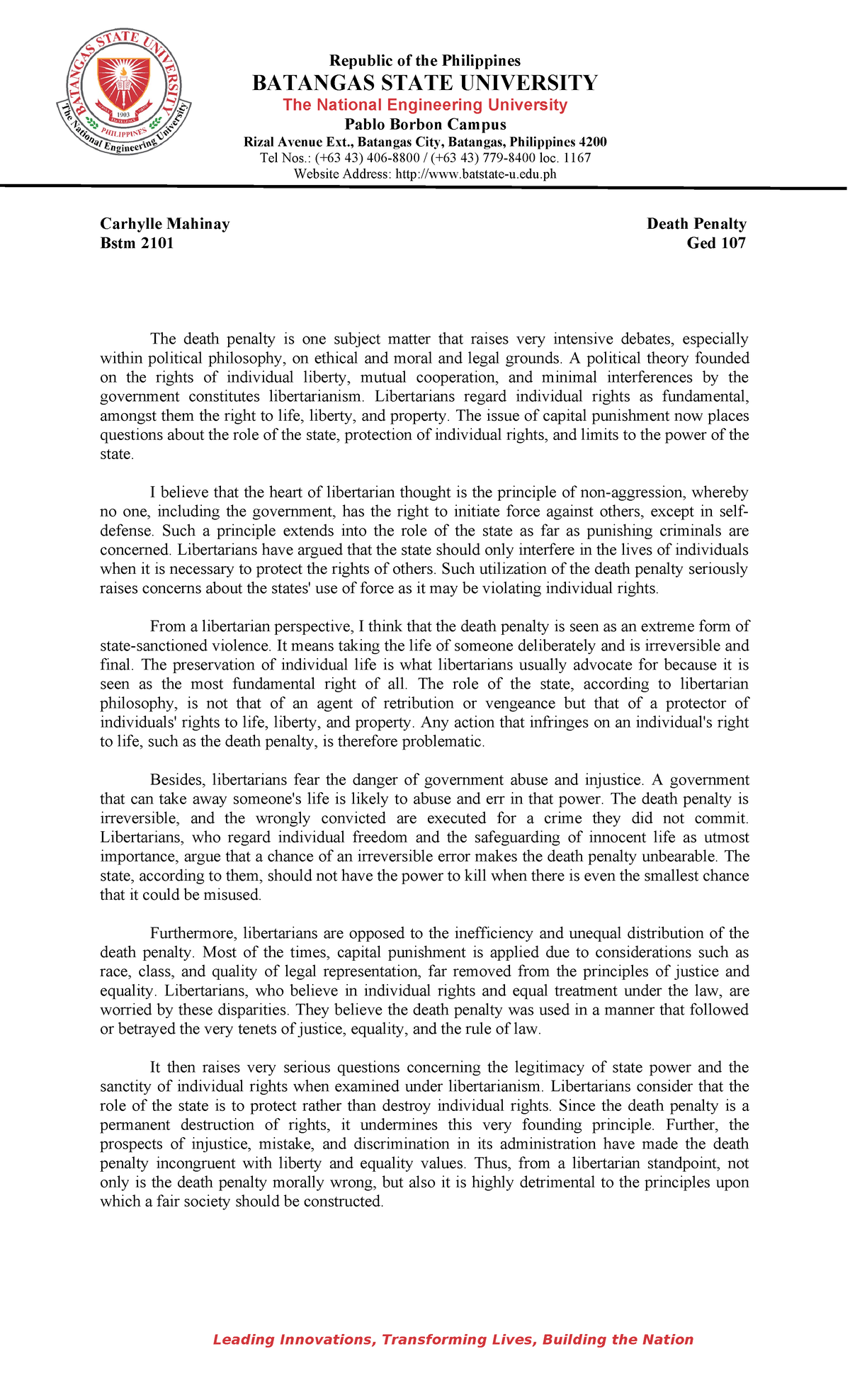 Yana Death Penalty - tourism - Republic of the Philippines BATANGAS ...