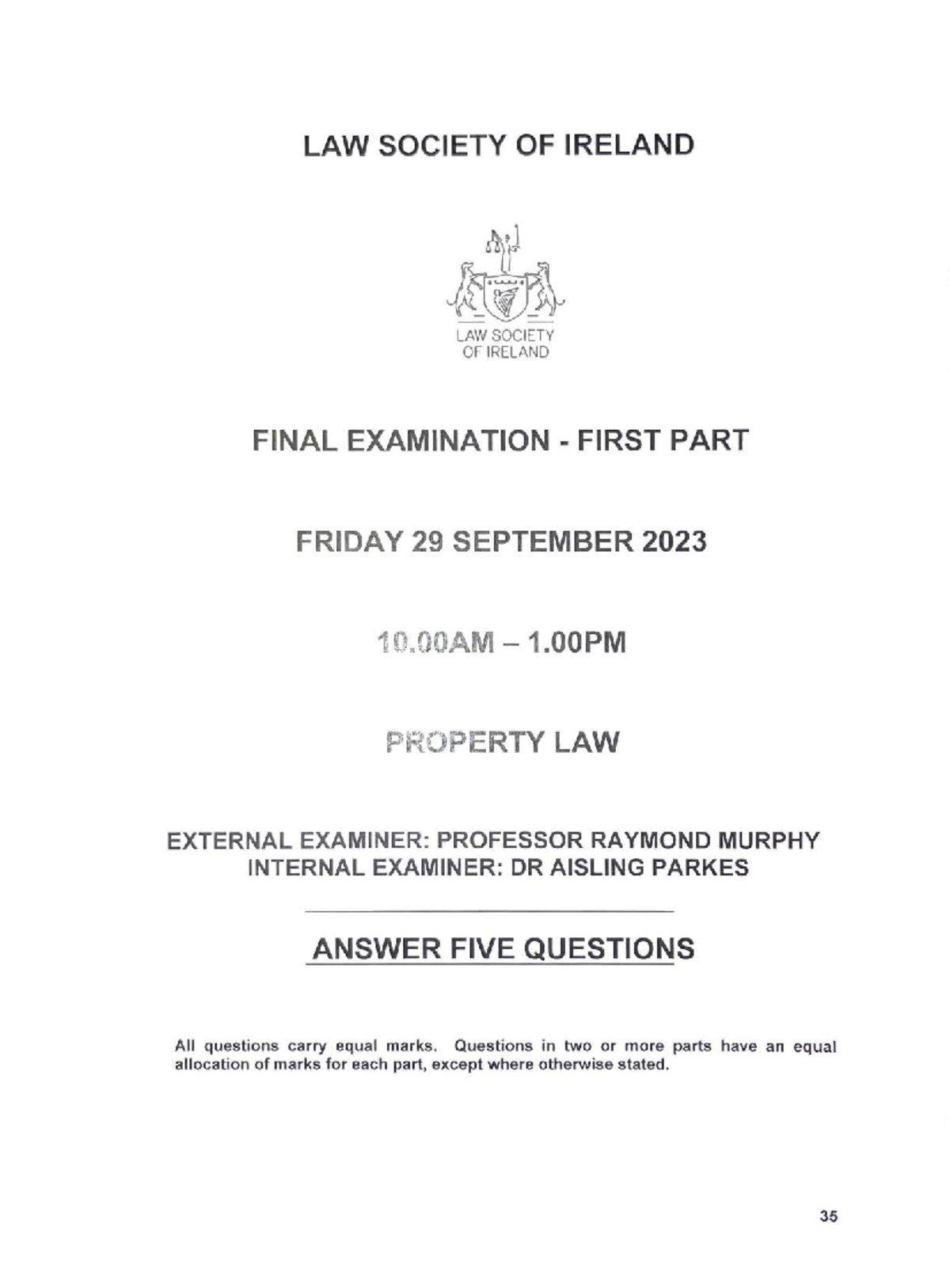 LAW 2023: Final Exam Paper for Property Law - Studocu