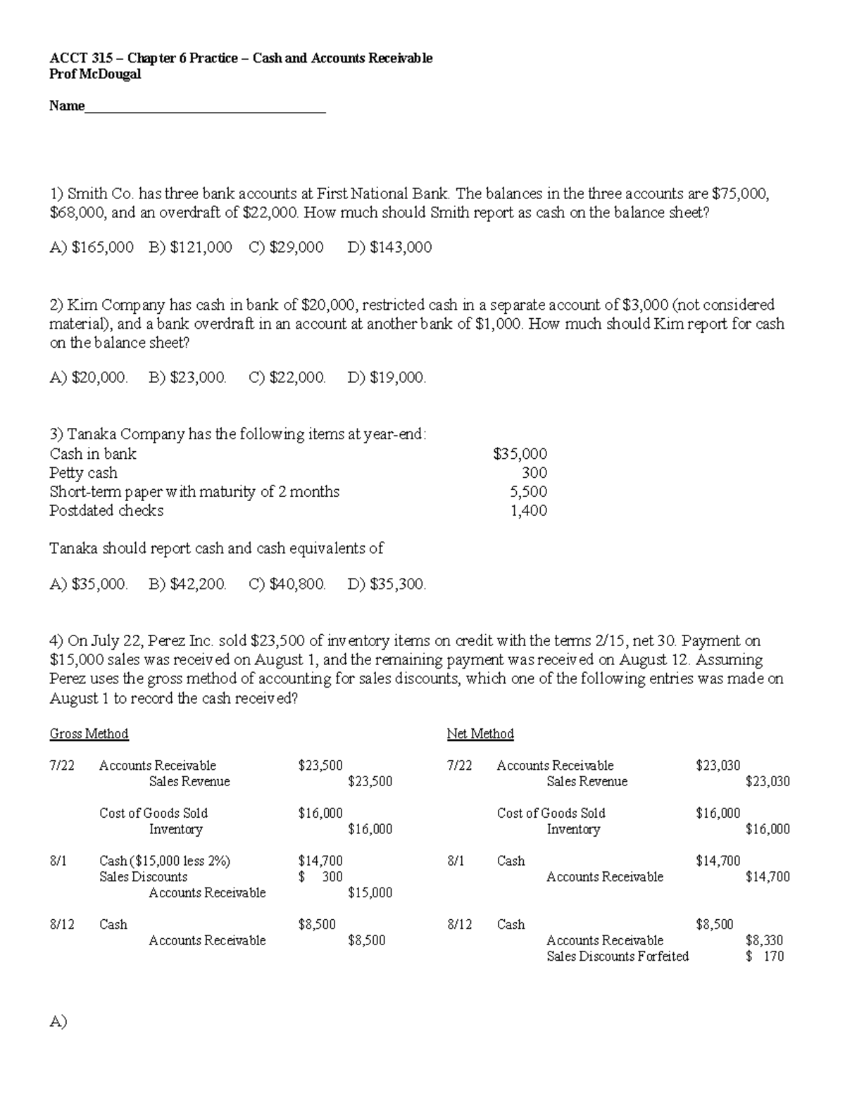 ACCT 315 Chapter 6 Cash and Accounts Receivable Practice Solutions ...