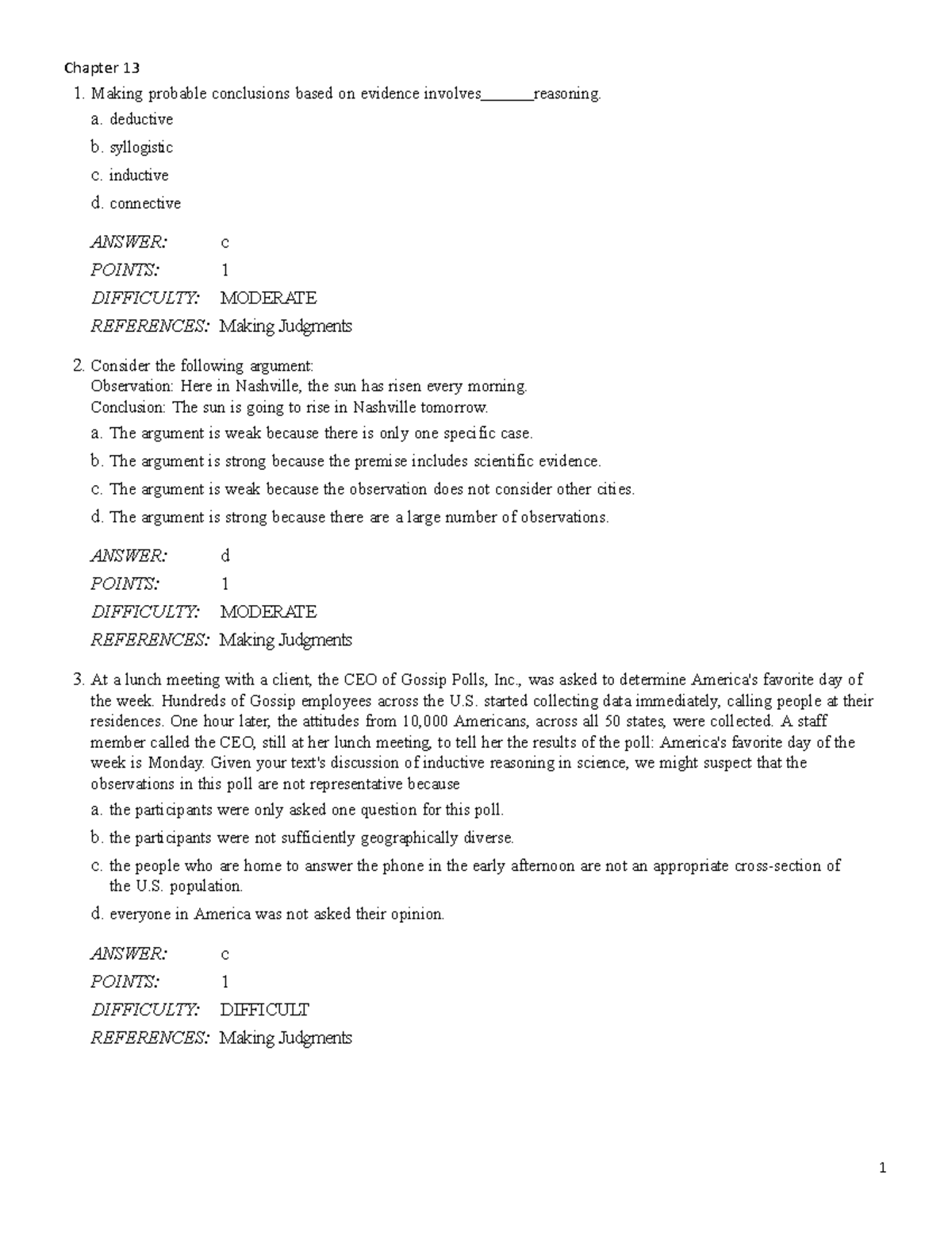 Chapter 13 - Test Bank - Chapter 13 1. Making probable conclusions ...