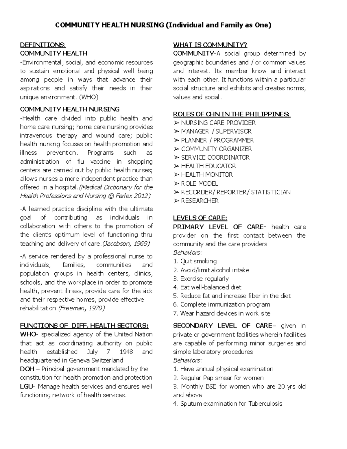 CHN Lesson 1 Quiz: Community Health Nursing Overview - Studocu