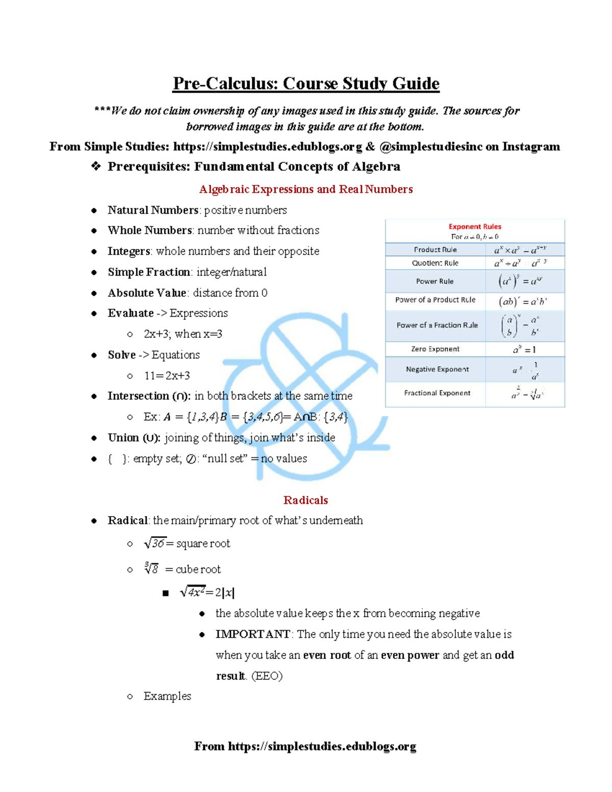 Precalculus Study Guide (Course Code: SS-Precalc-1) - Studocu