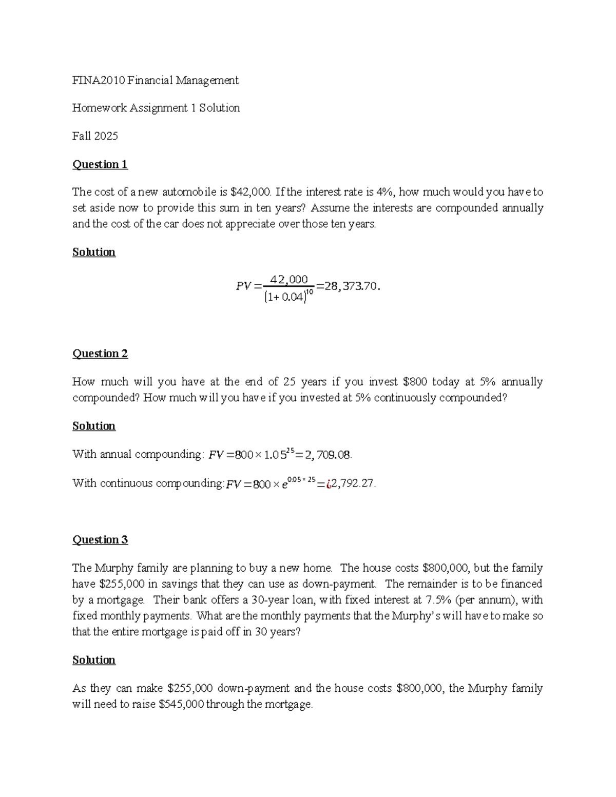 FINA2010 Financial Management Homework Assignment 1 Solutions Fall 2025 ...