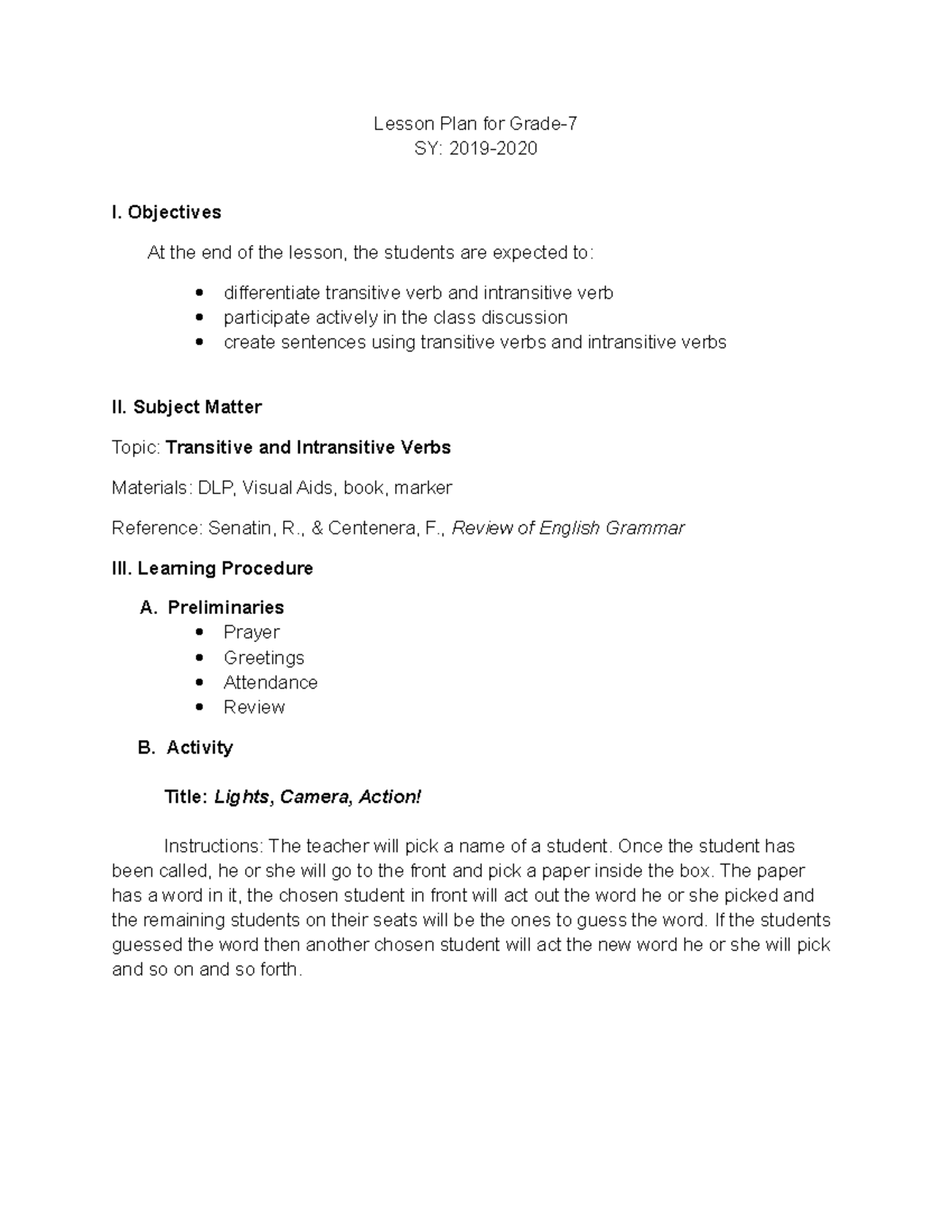 Grade 7 Lesson Plan: Understanding Transitive & Intransitive Verbs ...